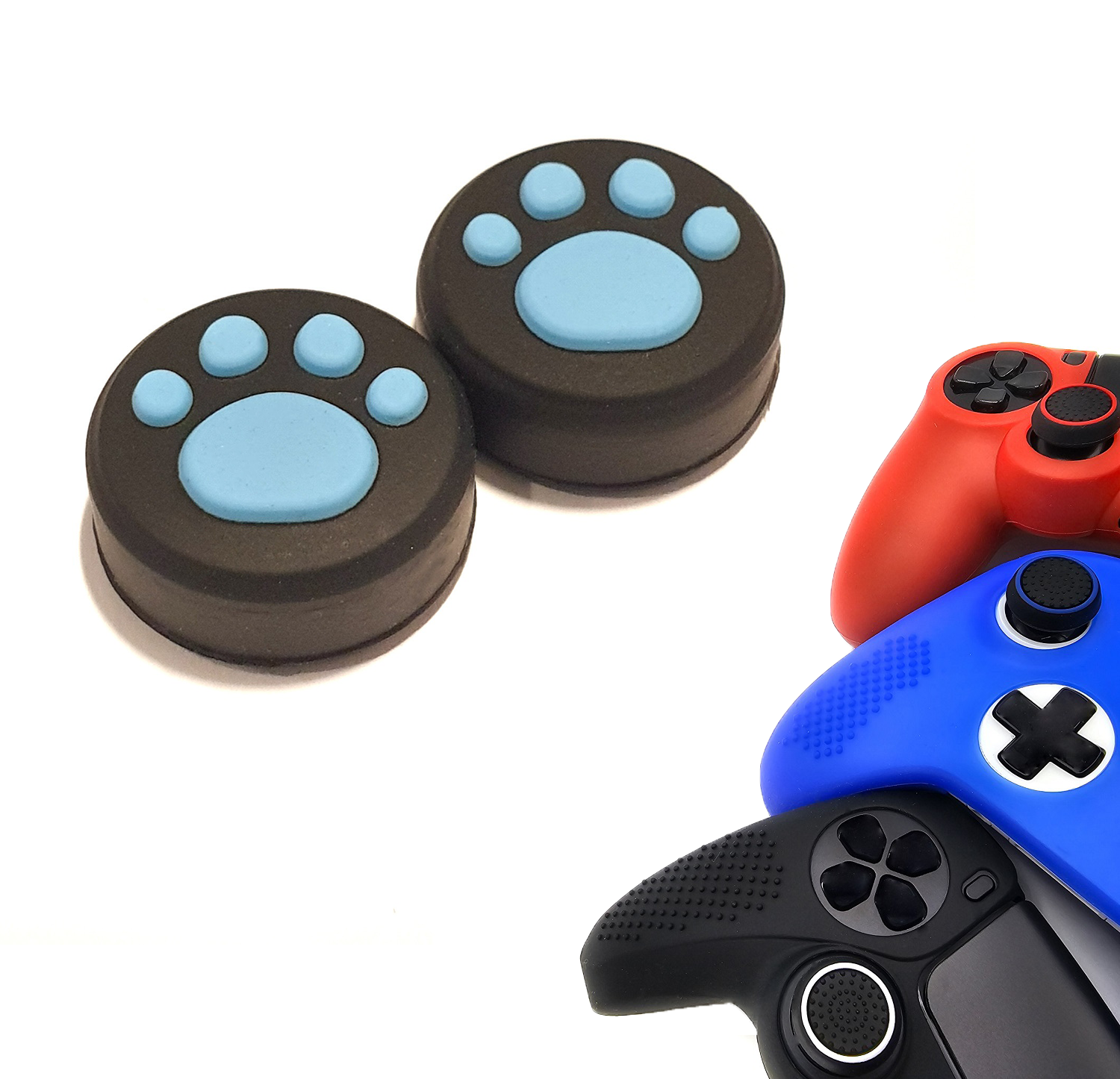 Gaming Thumb Grips | Performance Anti-slip Thumbsticks | Joystick Cap Thumb Grips | Paws - Black with Blue | Accessories suitable for Playstation PS4 PS5 &amp; Xbox &amp; Nintendo Pro Controller