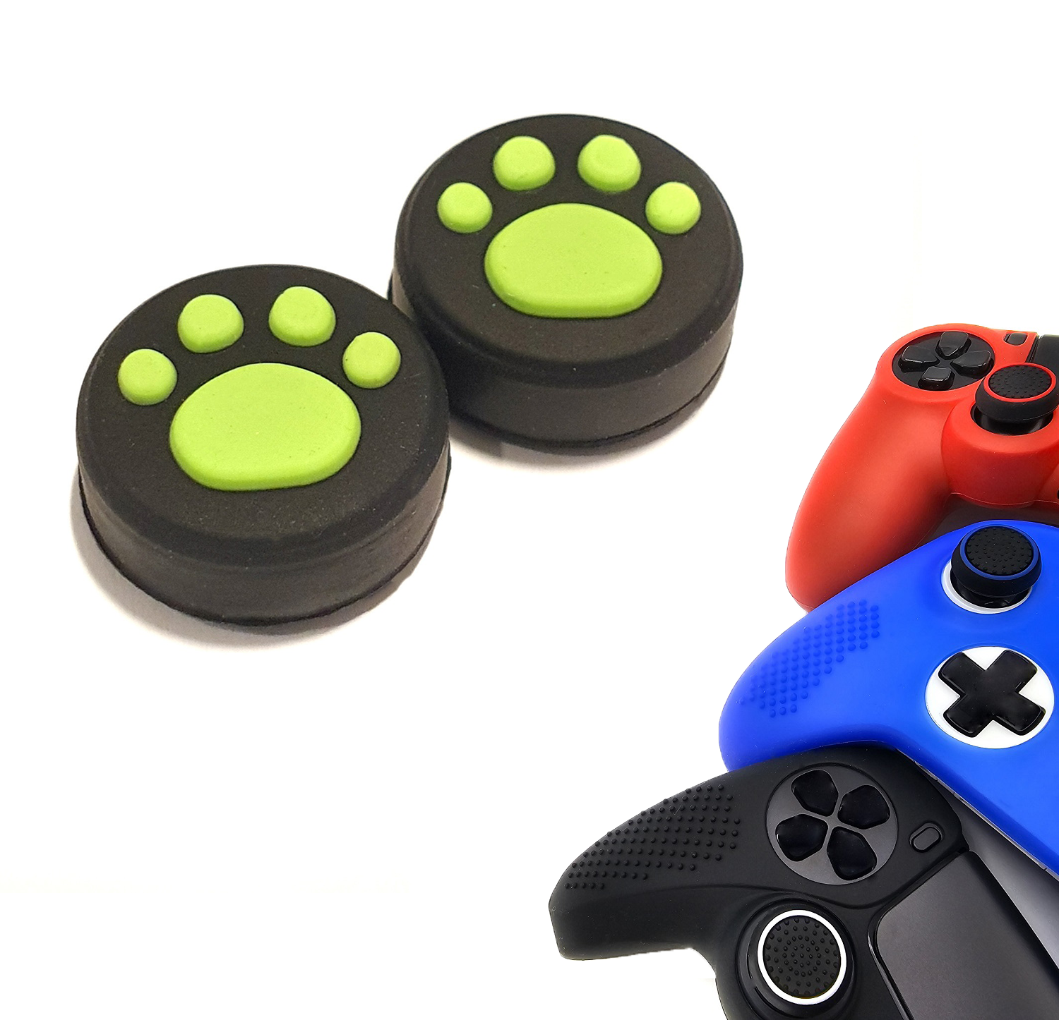 Gaming Thumb Grips | Performance Thumbsticks | Accessoires geschikt voor Playstation (PS4, PS5) & Xbox (360, One, Series X/S) & Nintendo Switch Pro Controller(s) | Thumbgrips | Pootjes - Zwart met Groen