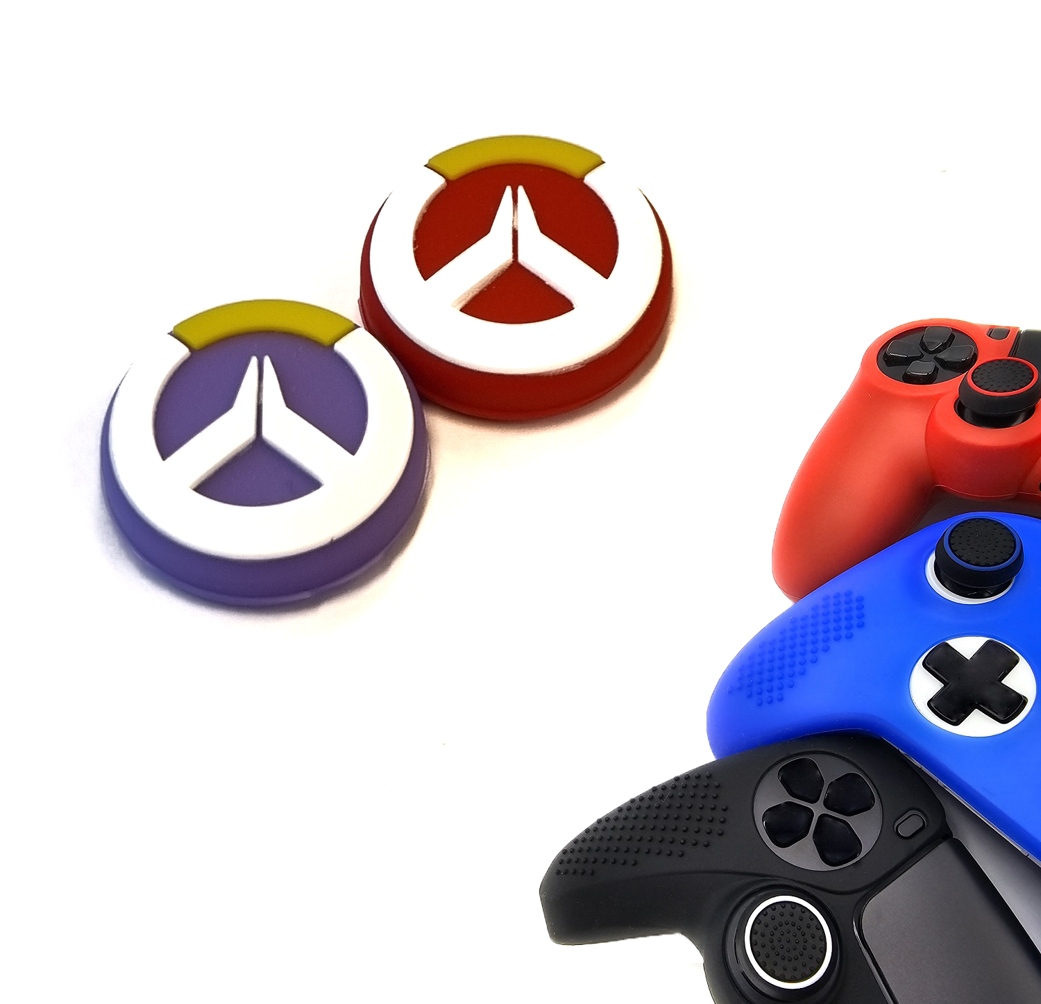 Gaming Thumb Grips | Performance Thumbsticks | Accessoires geschikt voor Playstation (PS4, PS5) & Xbox (360, One, Series X/S) & Nintendo Switch Pro Controller(s) | Thumbgrips | Paars/Rood met Wit/Geel