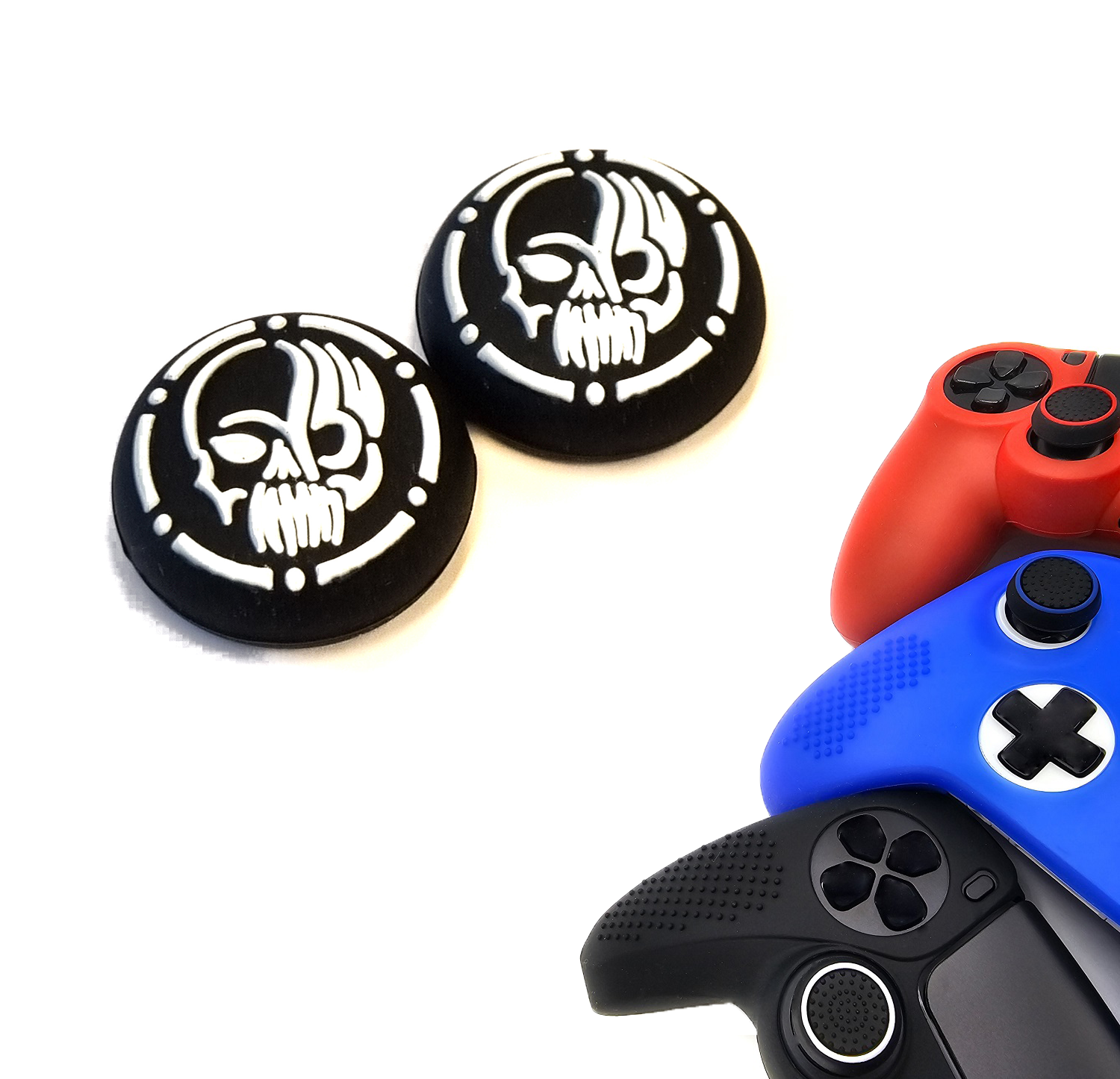 Gaming Thumb Grips | Performance Thumbsticks | Accessoires geschikt voor Playstation (PS4, PS5) & Xbox (360, One, Series X/S) & Nintendo Switch Pro Controller(s) | Thumbgrips | Skull - Zwart met Wit