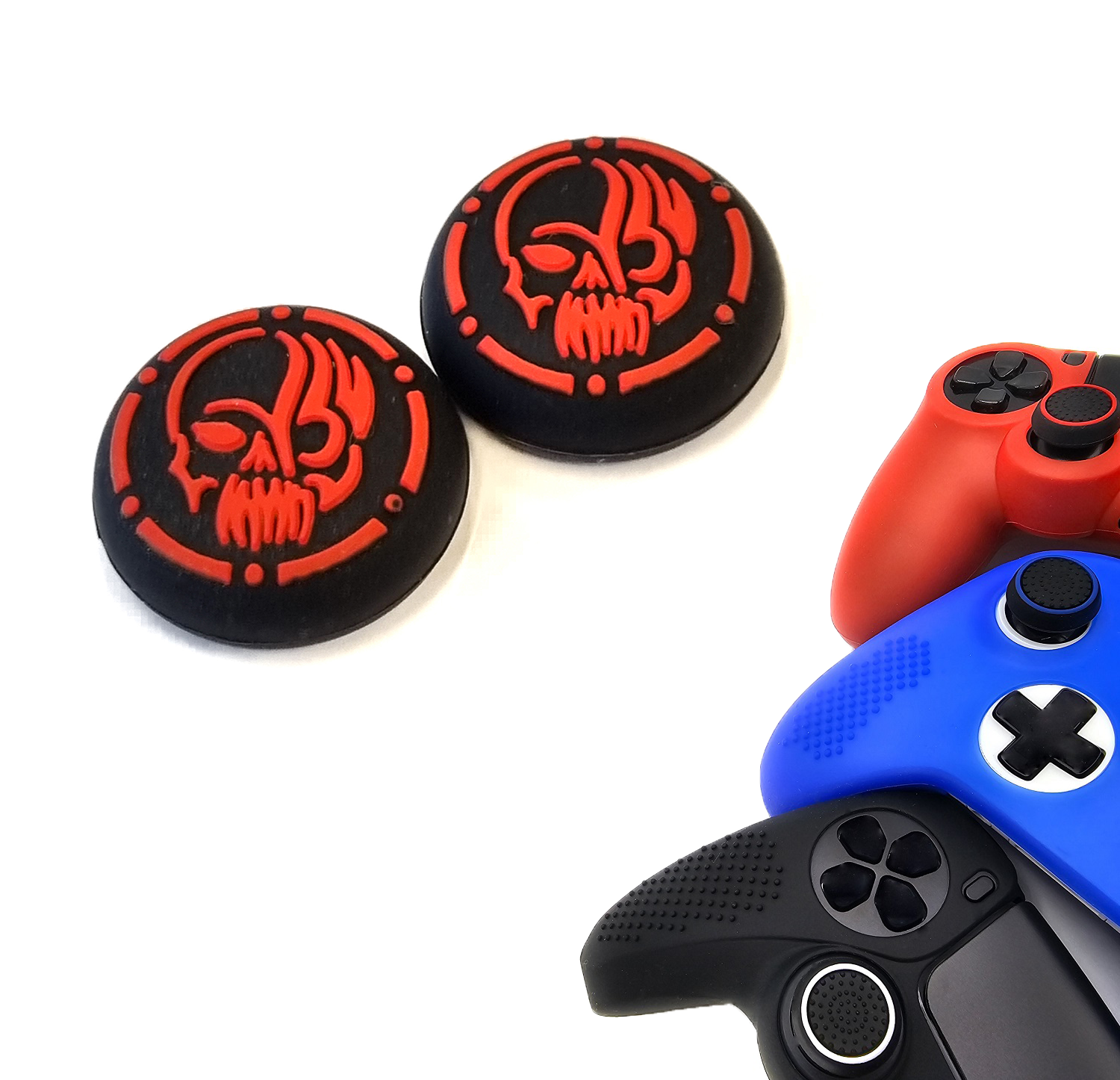 Gaming Thumb Grips | Performance Thumbsticks | Accessoires geschikt voor Playstation (PS4, PS5) & Xbox (360, One, Series X/S) & Nintendo Switch Pro Controller(s) | Thumbgrips | Skull - Zwart met Rood