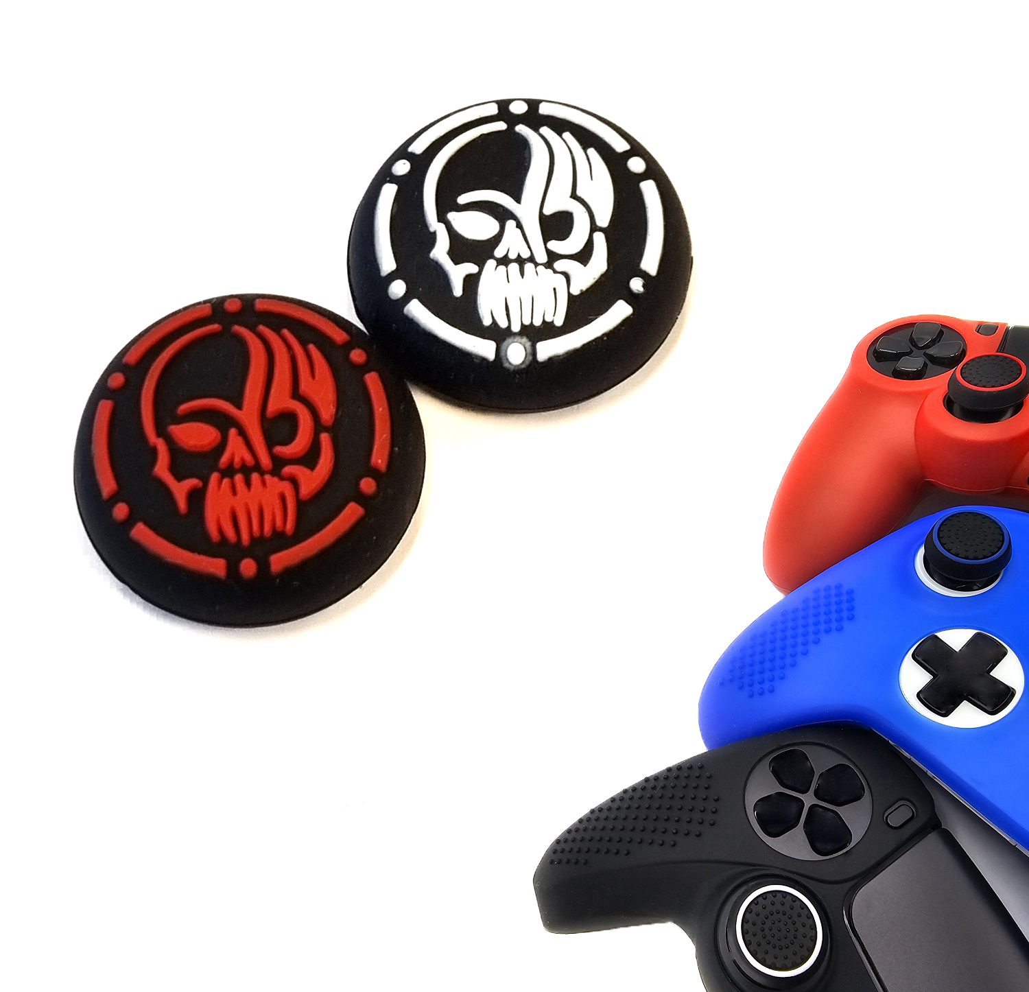 Gaming Thumb Grips | Performance Thumbsticks | Accessoires geschikt voor Playstation (PS4, PS5) & Xbox (360, One, Series X/S) & Nintendo Switch Pro Controller(s) | Thumbgrips | Skull - Rood/Wit