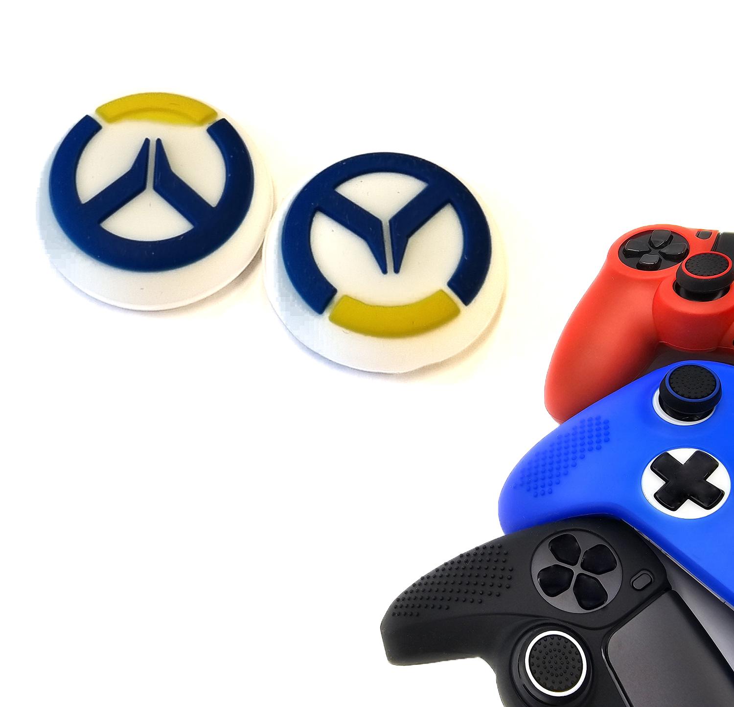 Gaming Thumb Grips | Performance Thumbsticks | Accessoires geschikt voor Playstation (PS4, PS5) & Xbox (360, One, Series X/S) & Nintendo Switch Pro Controller(s) | Thumbgrips | Wit met Blauw/Geel