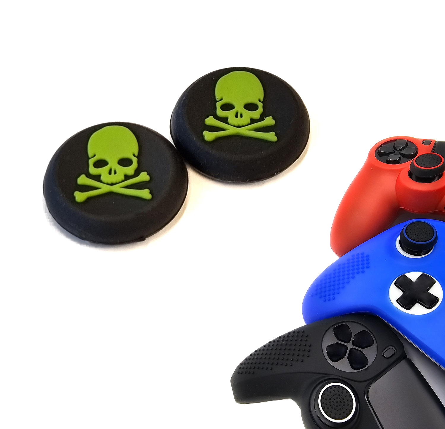 Gaming Thumb Grips | Performance Thumbsticks | Accessoires geschikt voor Playstation (PS4, PS5) & Xbox (360, One, Series X/S) & Nintendo Switch Pro Controller(s) | Thumbgrips | Skelet - Zwart met Groen