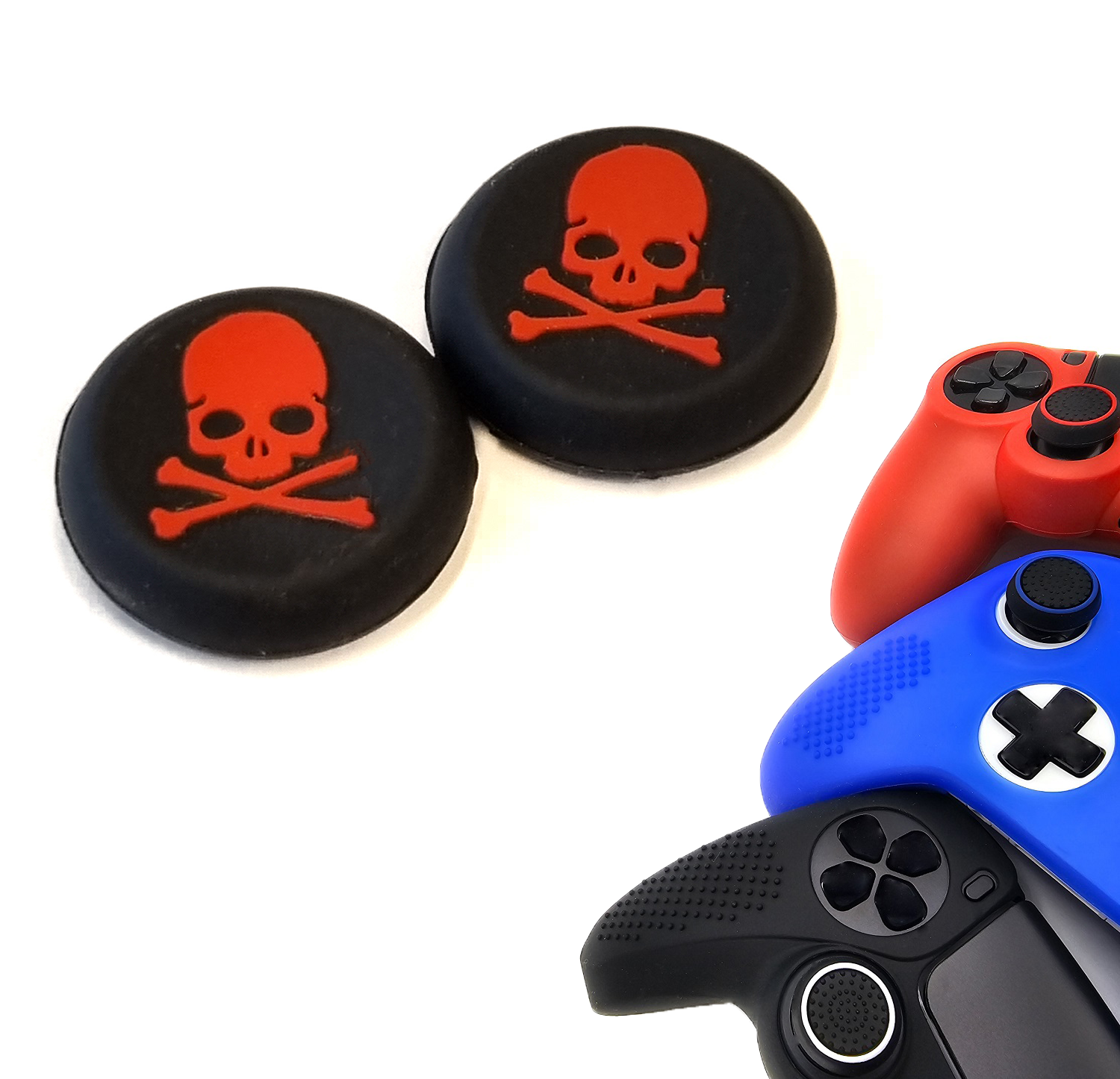 Gaming Thumb Grips | Performance Thumbsticks | Accessoires geschikt voor Playstation (PS4, PS5) & Xbox (360, One, Series X/S) & Nintendo Switch Pro Controller(s) | Thumbgrips | Skelet - Zwart met Rood