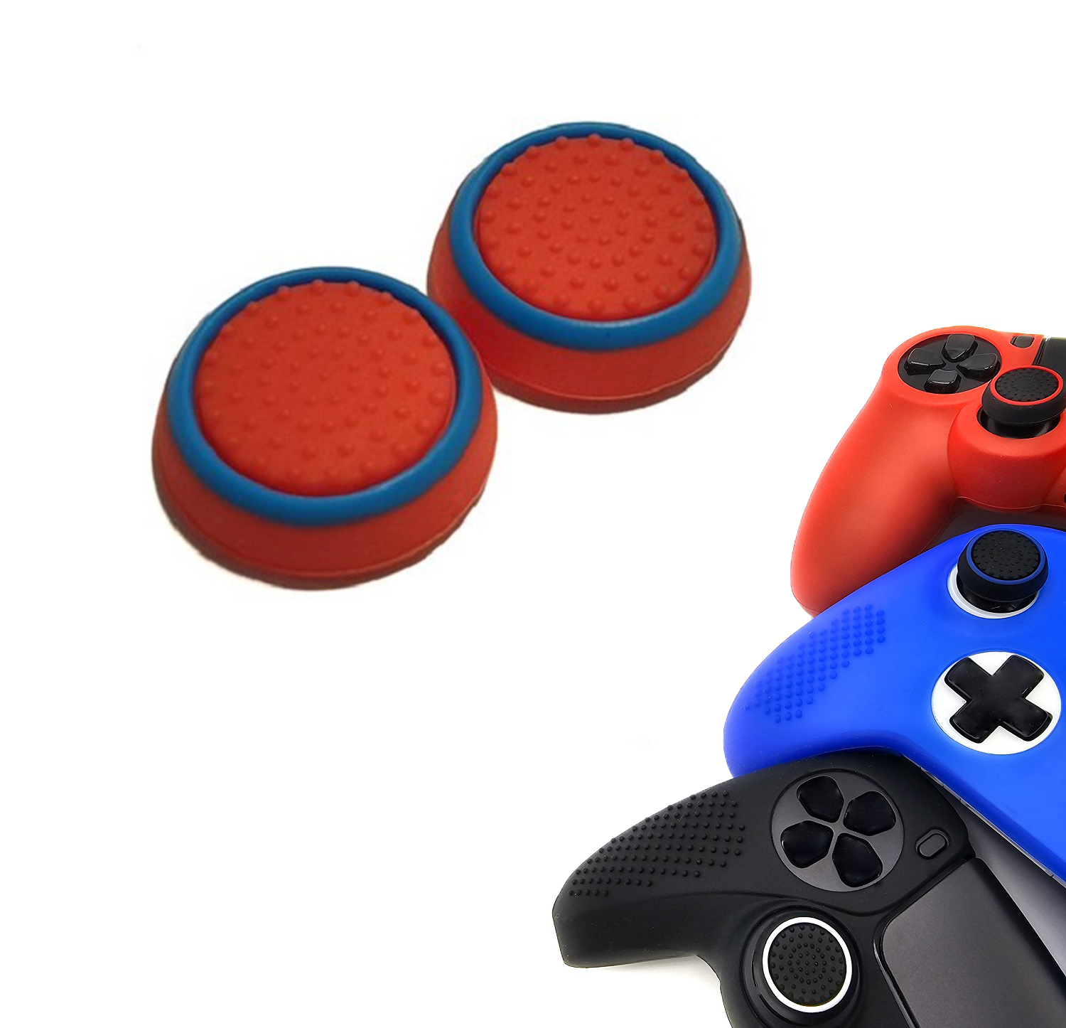 Gaming Thumb Grips | Performance Thumbsticks | Accessoires geschikt voor Playstation (PS4, PS5) & Xbox (360, One, Series X/S) & Nintendo Switch Pro Controller(s) | Thumbgrips | Rood met blauwe cirkel