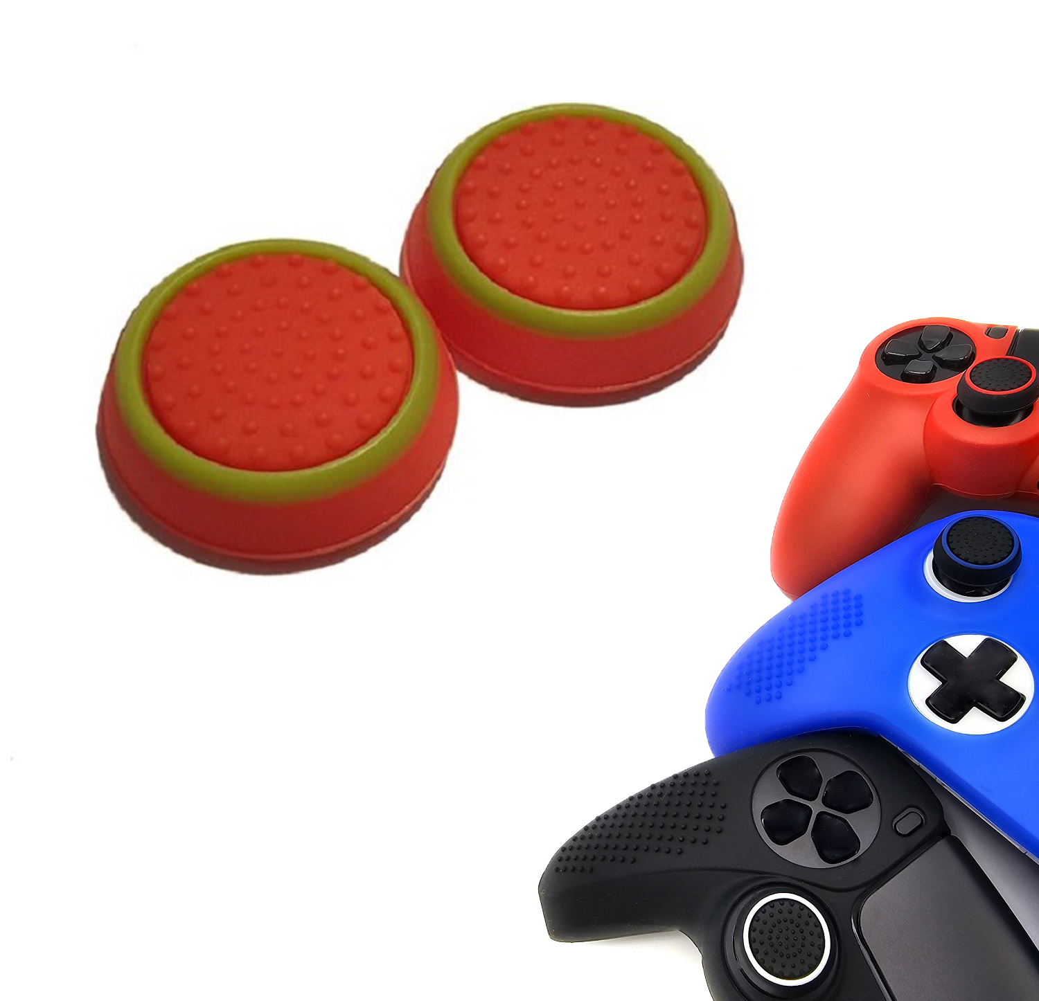 Gaming Thumb Grips | Performance Thumbsticks | Accessoires geschikt voor Playstation (PS4, PS5) & Xbox (360, One, Series X/S) & Nintendo Switch Pro Controller(s) | Thumbgrips | Rood met groene cirkel