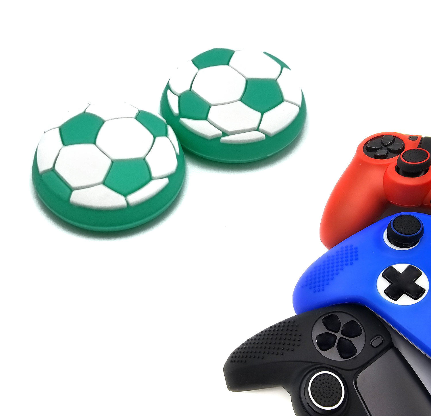 Gaming Thumb Grips | Performance Thumbsticks | Accessoires geschikt voor Playstation (PS4, PS5) & Xbox (360, One, Series X/S) & Nintendo Switch Pro Controller(s) | Thumbgrips | Voetbal - Wit met Groen