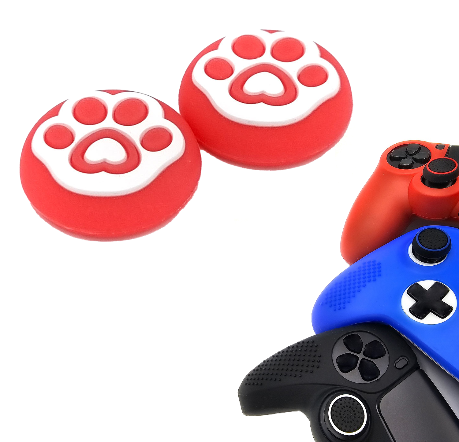 Gaming Thumb Grips | Performance Thumbsticks | Accessoires geschikt voor Playstation (PS4, PS5) & Xbox (360, One, Series X/S) & Nintendo Switch Pro Controller(s) | Thumbgrips | Pootjes - Rood met Wit