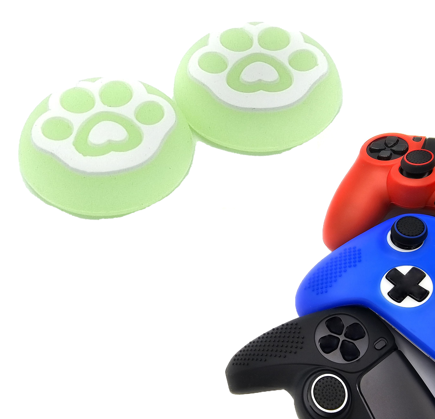 Gaming Thumb Grips | Performance Thumbsticks | Accessoires geschikt voor Playstation (PS4, PS5) & Xbox (360, One, Series X/S) & Nintendo Switch Pro Controller(s) | Thumbgrips | Pootjes - Groen met Wit