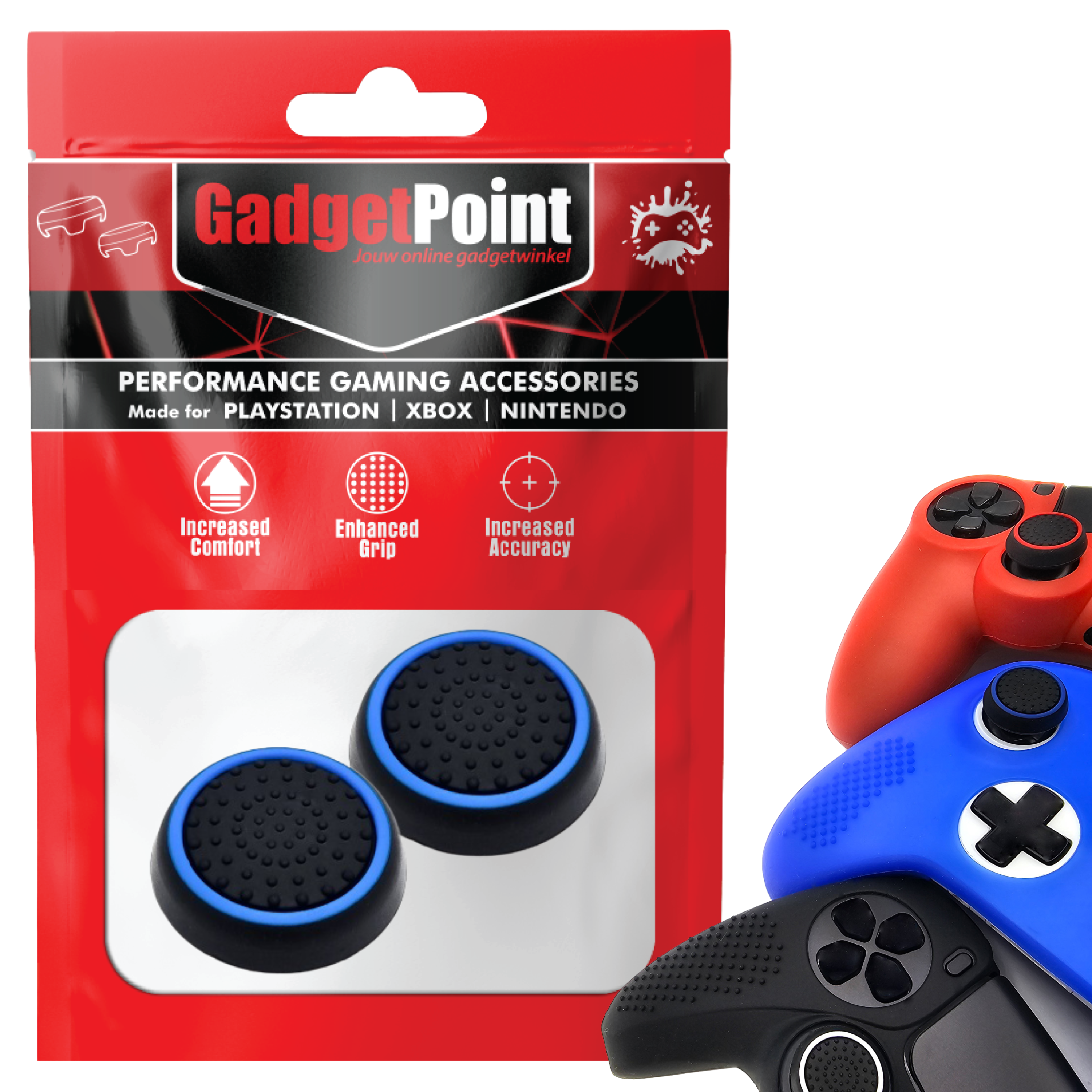 Gaming Thumb Grips | Performance Thumbsticks | Accessoires geschikt voor Playstation (PS4, PS5) & Xbox (360, One, Series X/S) & Nintendo Switch Pro Controller(s) | Thumbgrips | Zwart/Lichtblauw