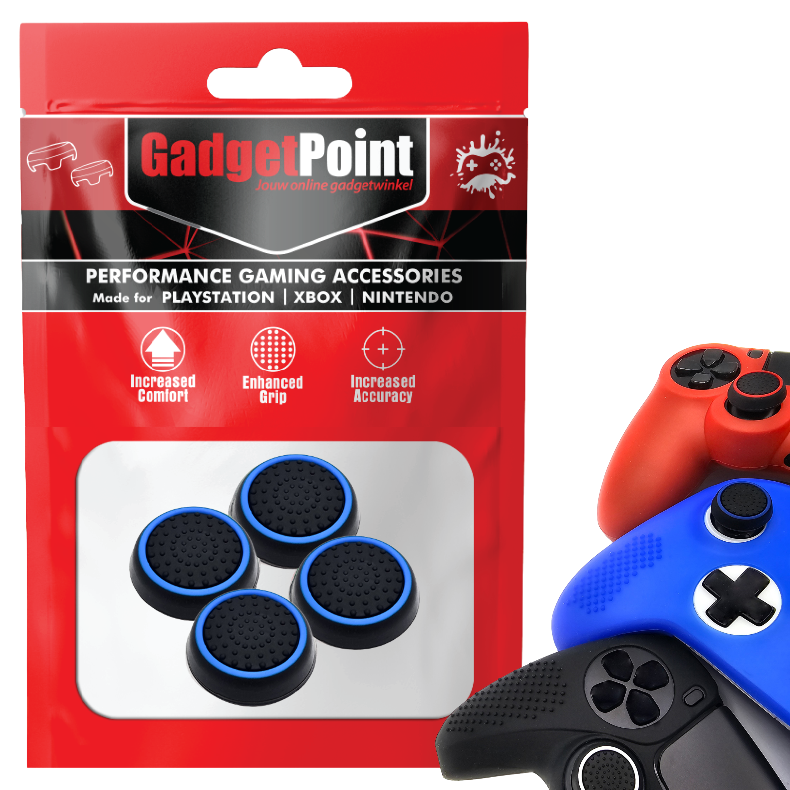 Gaming Thumb Grips | Performance Thumbsticks | Accessoires geschikt voor Playstation (PS4, PS5) & Xbox (360, One, Series X/S) & Nintendo Switch Pro Controller(s) | Thumbgrips | Zwart/Lichtblauw