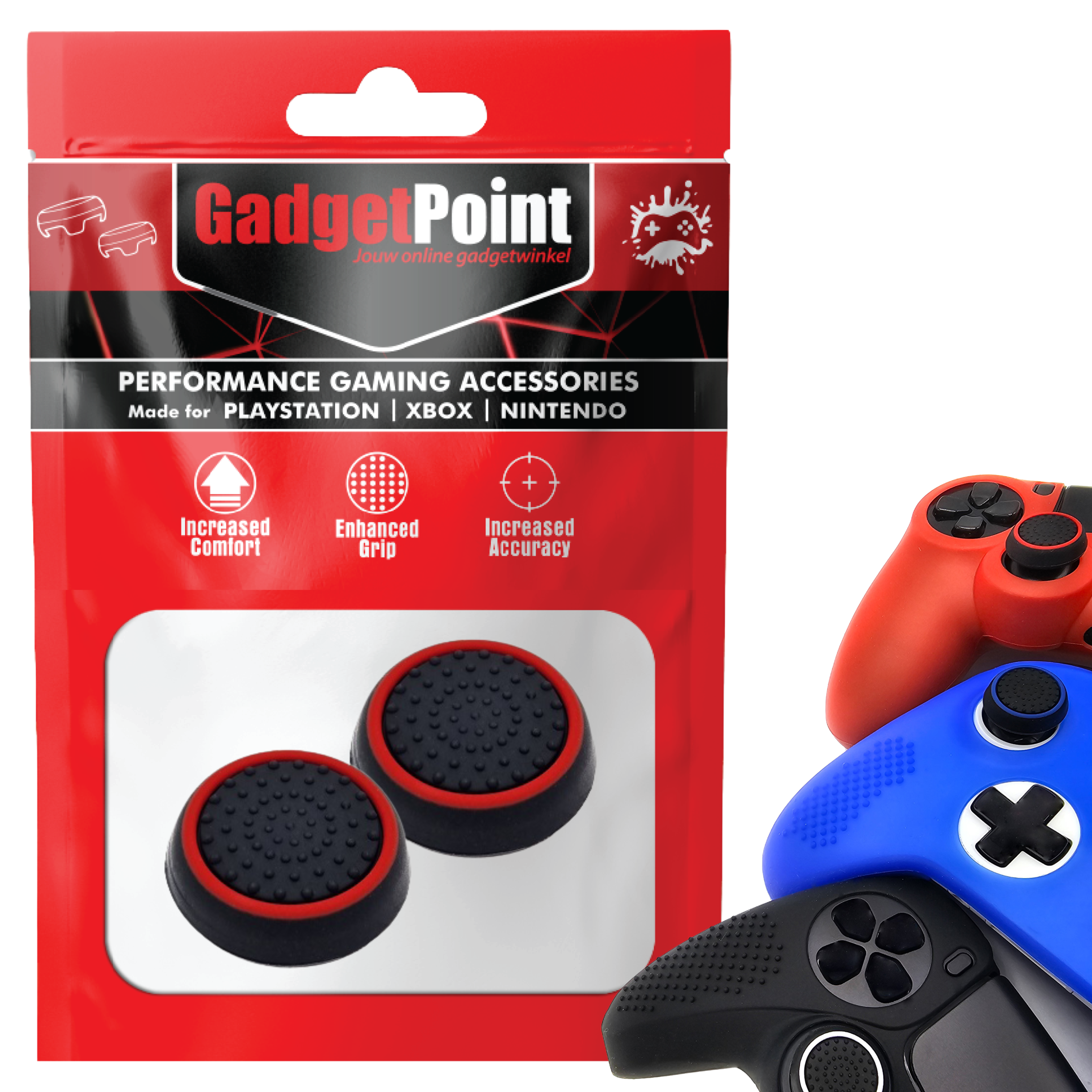 Gaming Thumb Grips | Performance Thumbsticks | Accessoires geschikt voor Playstation (PS4, PS5) & Xbox (360, One, Series X/S) & Nintendo Switch Pro Controller(s) | Thumbgrips | Zwart/Rood