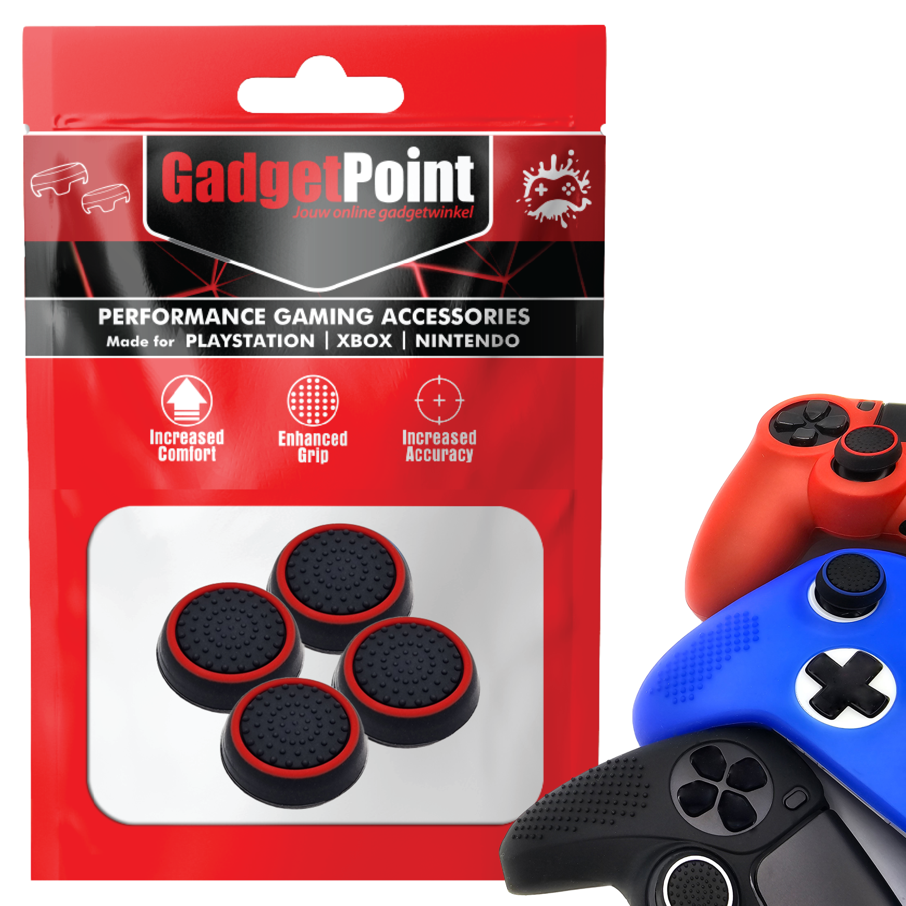 Gaming Thumb Grips | Performance Thumbsticks | Accessoires geschikt voor Playstation (PS4, PS5) & Xbox (360, One, Series X/S) & Nintendo Switch Pro Controller(s) | Thumbgrips | Zwart met Rood