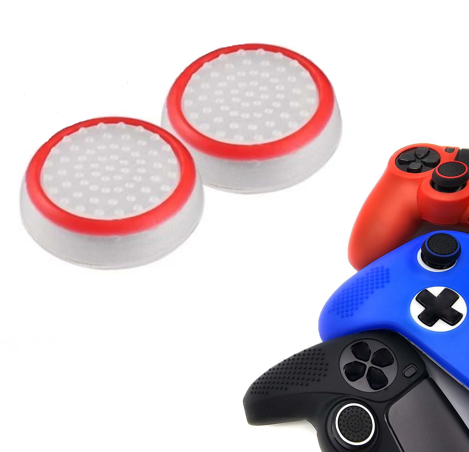 Gaming Thumb Grips | Performance Thumbsticks | Accessoires geschikt voor Playstation (PS4, PS5) & Xbox (360, One, Series X/S) & Nintendo Switch Pro Controller(s) | Thumbgrips | Wit met Rood