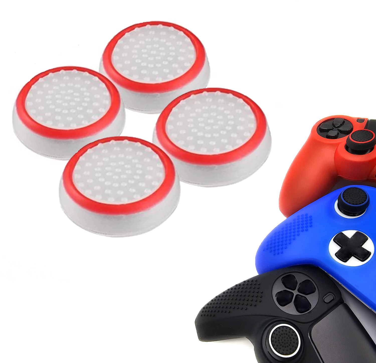 Gaming Thumb Grips | Performance Thumbsticks | Accessoires geschikt voor Playstation (PS4, PS5) & Xbox (360, One, Series X/S) & Nintendo Switch Pro Controller(s) | Thumbgrips | Wit met Rood