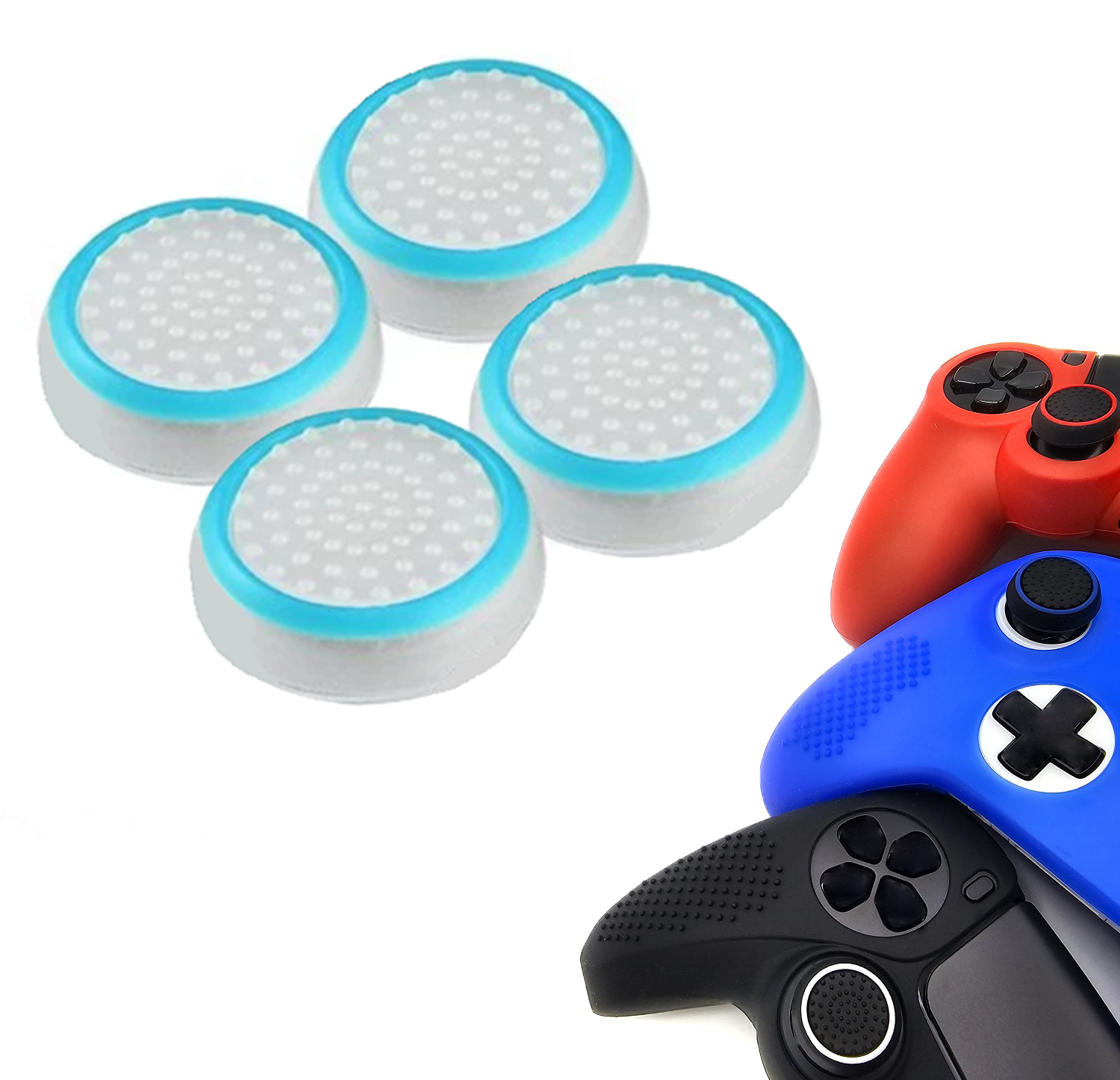 Gaming Thumb Grips | Performance Thumbsticks | Accessoires geschikt voor Playstation (PS4, PS5) & Xbox (360, One, Series X/S) & Nintendo Switch Pro Controller(s) | Thumbgrips | Wit met Lichtblauw