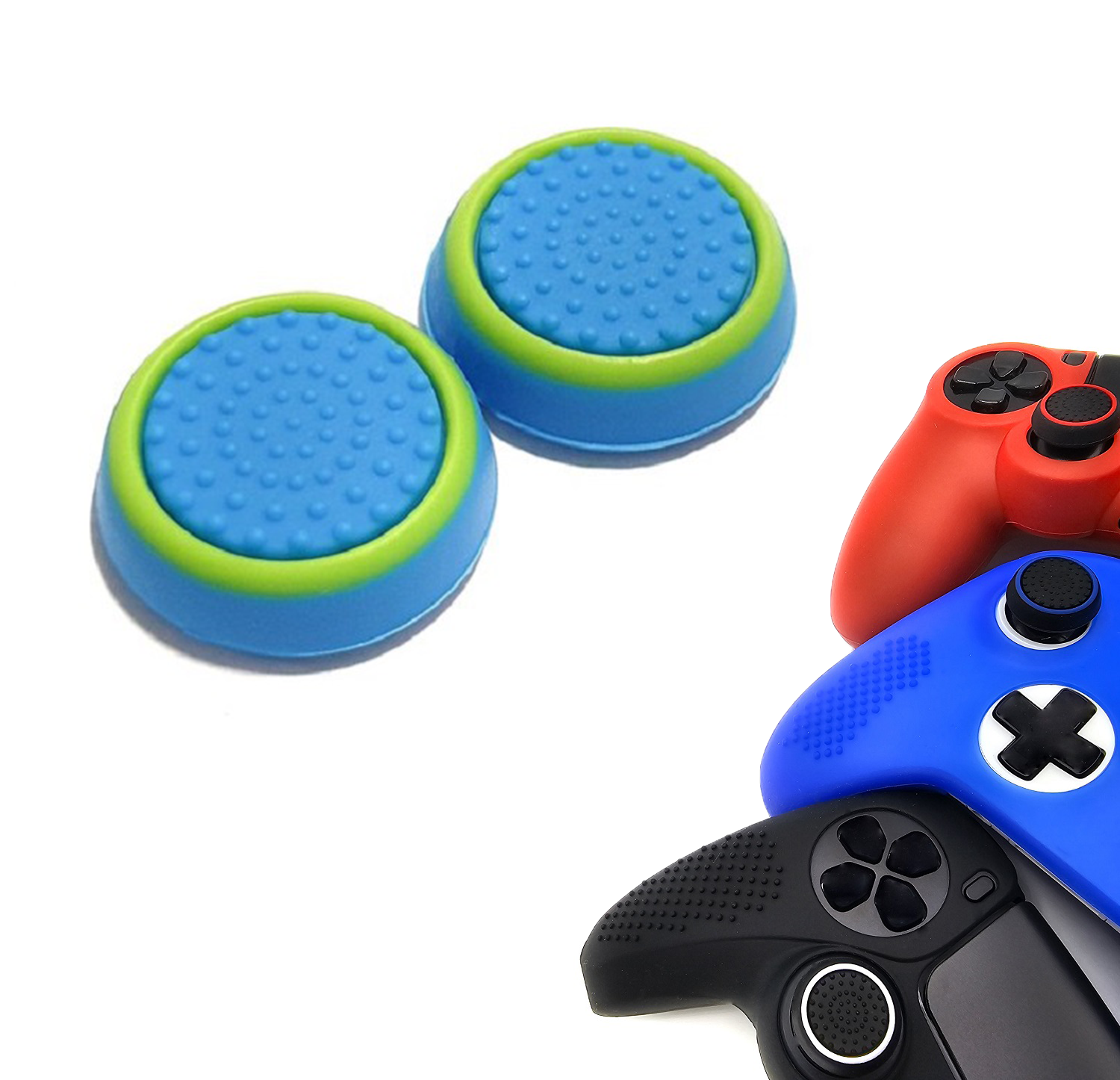 Gaming Thumb Grips | Performance Thumbsticks | Accessoires geschikt voor Playstation (PS4, PS5) & Xbox (360, One, Series X/S) & Nintendo Switch Pro Controller(s) | Thumbgrips | Blauw met groene cirkel