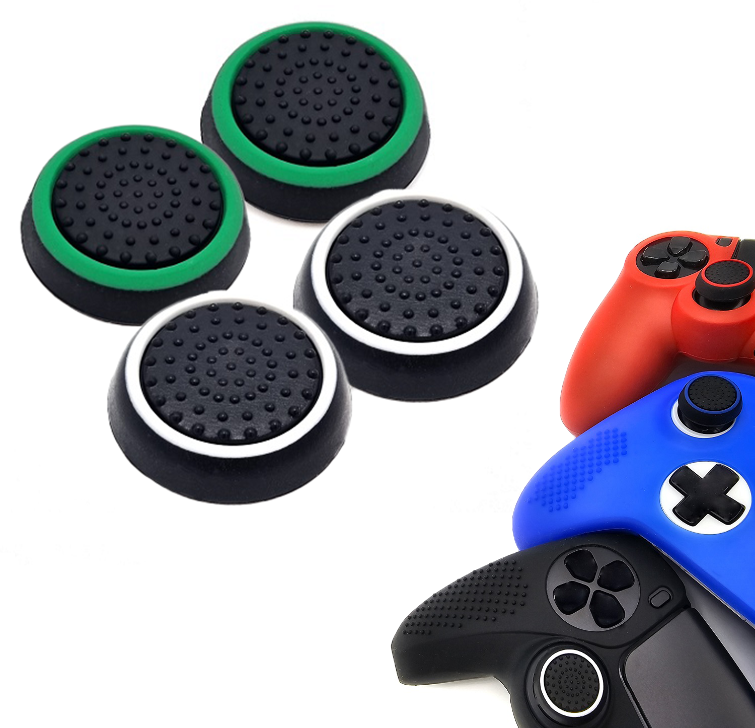 Gaming Thumb Grips | Performance Thumbsticks | Accessoires geschikt voor Playstation (PS4, PS5) & Xbox (360, One, Series X/S) & Nintendo Switch Pro Controller(s) | Thumbgrips | Zwart Wit en Zwart Groen