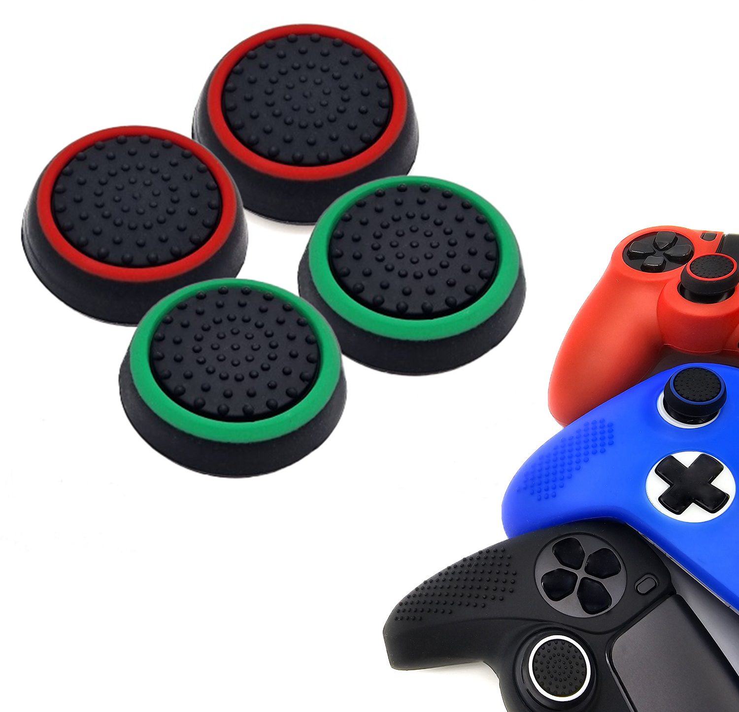 Gaming Thumb Grips | Performance Thumbsticks | Accessoires geschikt voor Playstation (PS4, PS5) & Xbox (360, One, Series X/S) & Nintendo Switch Pro Controller(s) | Thumbgrips | Zwart Rood en Zwart Groen