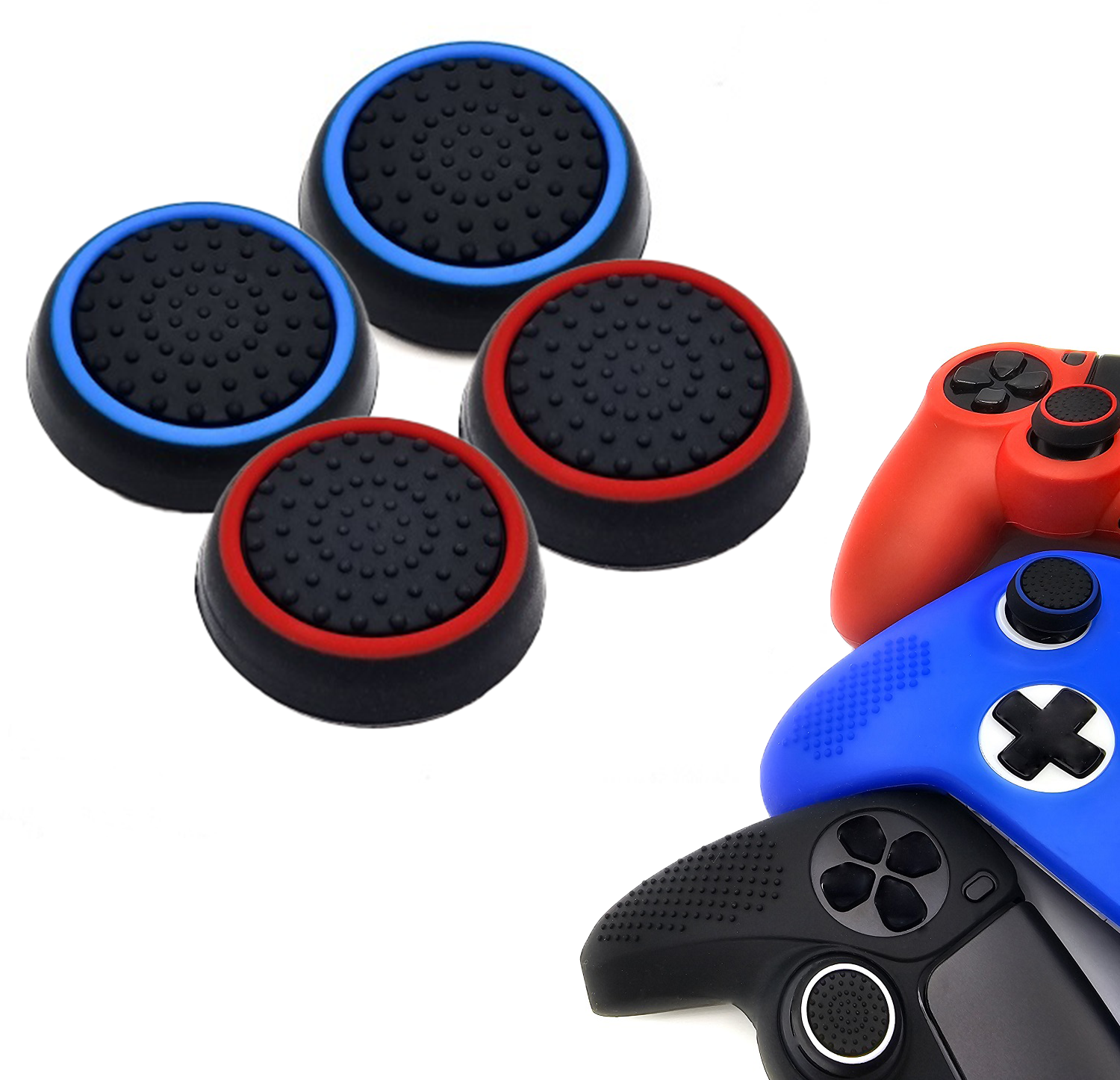 Gaming Thumb Grips | Performance Thumbsticks | Accessoires geschikt voor Playstation (PS4, PS5) & Xbox (360, One, Series X/S) & Nintendo Switch Pro Controller(s) | Thumbgrips | Zwart Lichtblauw en Zwart Rood