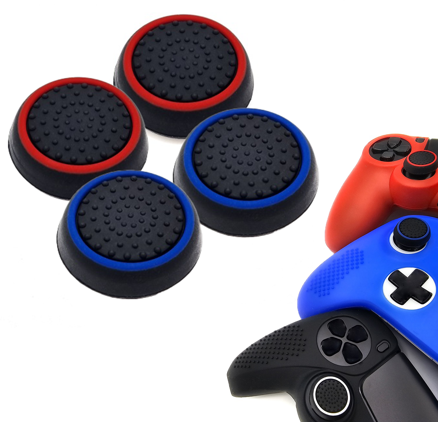 Gaming Thumb Grips | Performance Anti-slip Thumbsticks | Joystick Cap Thumb Grips | Black Blue and Black Red | Accessories suitable for Playstation PS4 PS5 &amp; Xbox &amp; Nintendo Pro Controller