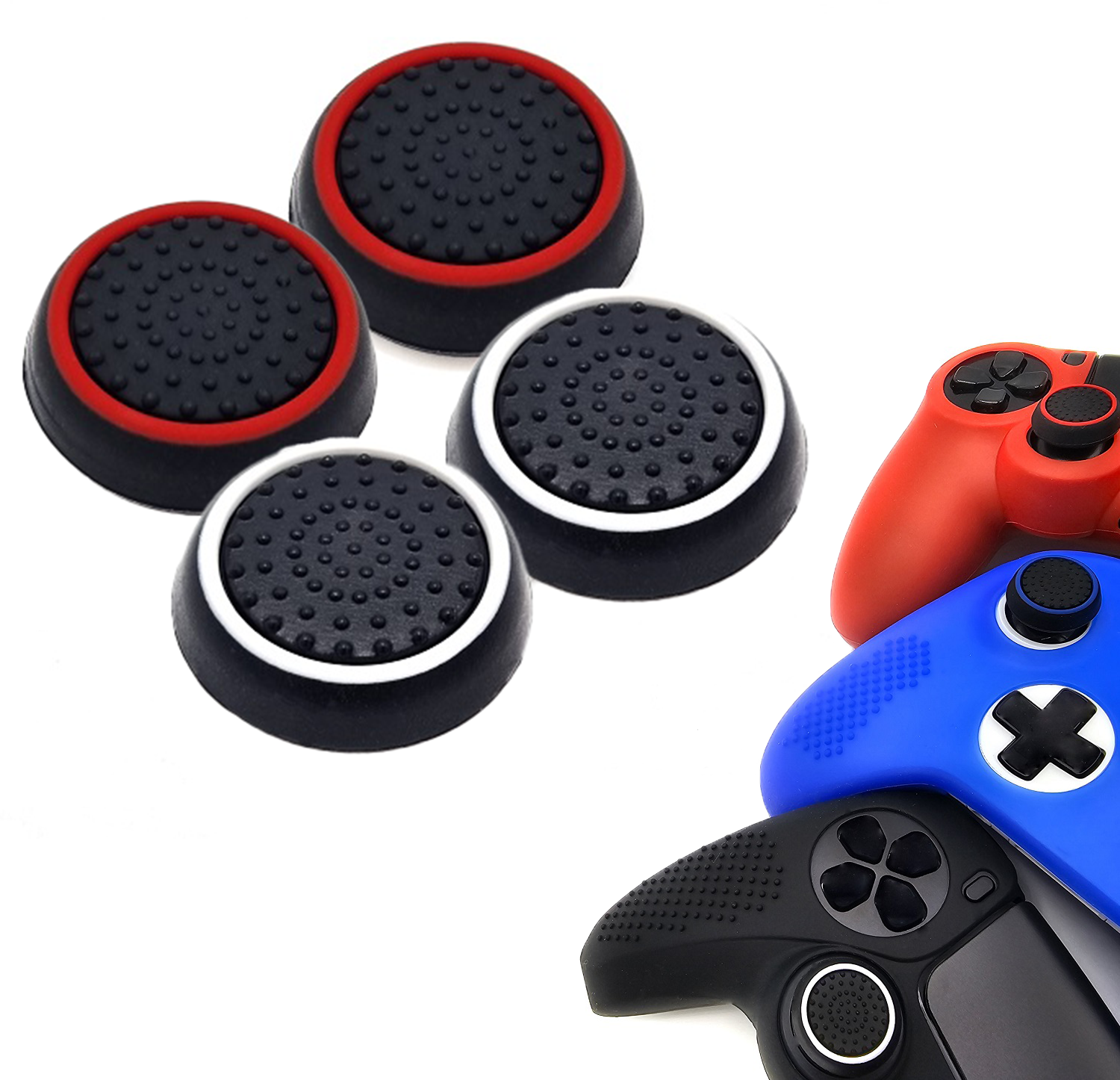 Gaming Thumb Grips | Performance Thumbsticks | Accessoires geschikt voor Playstation (PS4, PS5) & Xbox (360, One, Series X/S) & Nintendo Switch Pro Controller(s) | Thumbgrips | Zwart Wit en Zwart Rood