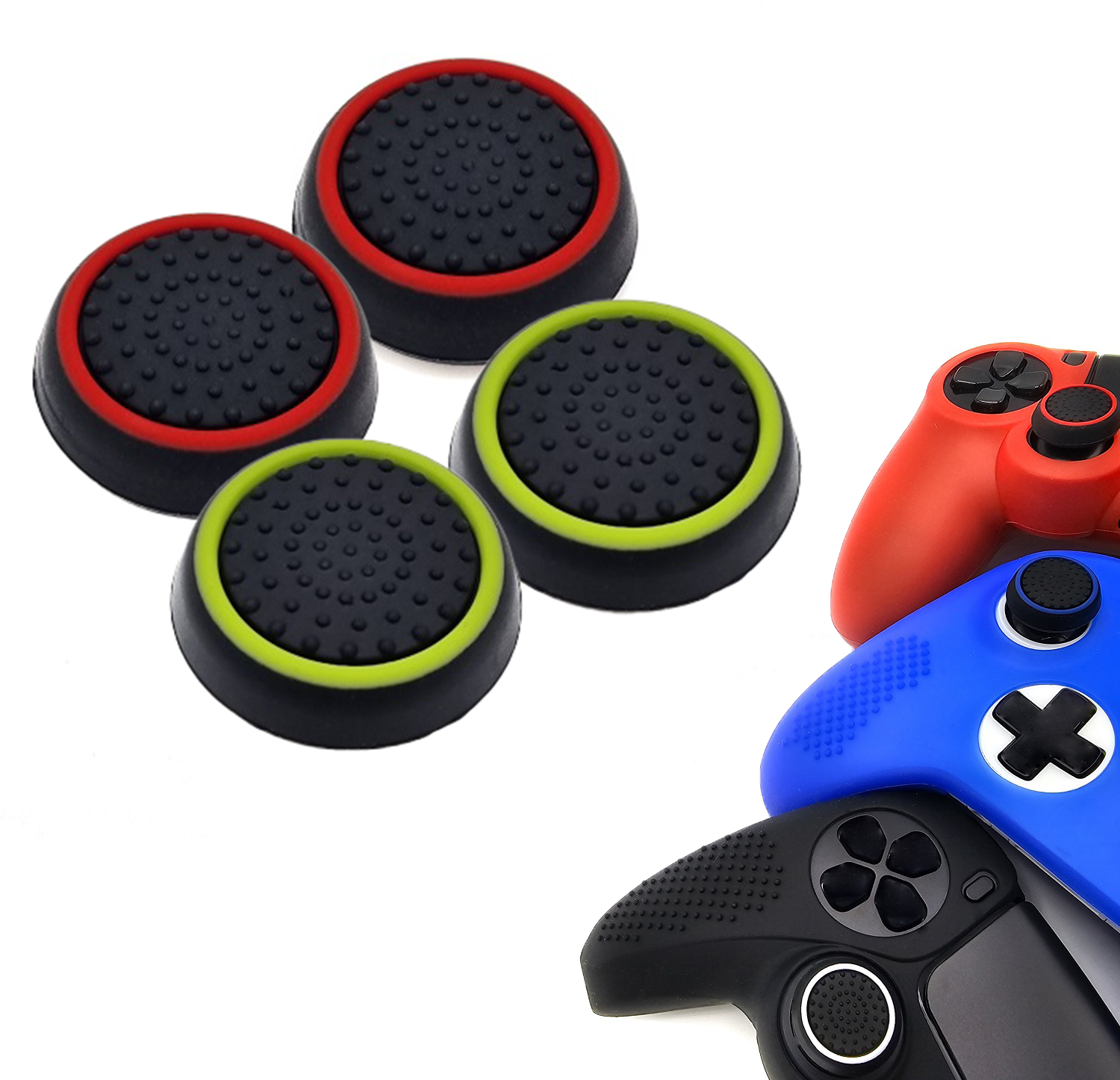 Gaming Thumb Grips | Performance Thumbsticks | Accessoires geschikt voor Playstation (PS4, PS5) & Xbox (360, One, Series X/S) & Nintendo Switch Pro Controller(s) | Thumbgrips | Zwart Lichtgroen Zwart Rood