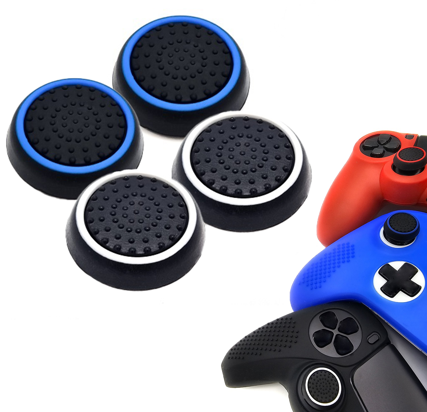 Gaming Thumb Grips | Performance Thumbsticks | Accessoires geschikt voor Playstation (PS4, PS5) & Xbox (360, One, Series X/S) & Nintendo Switch Pro Controller(s) | Thumbgrips | Zwart Lichtblauw en Zwart Wit