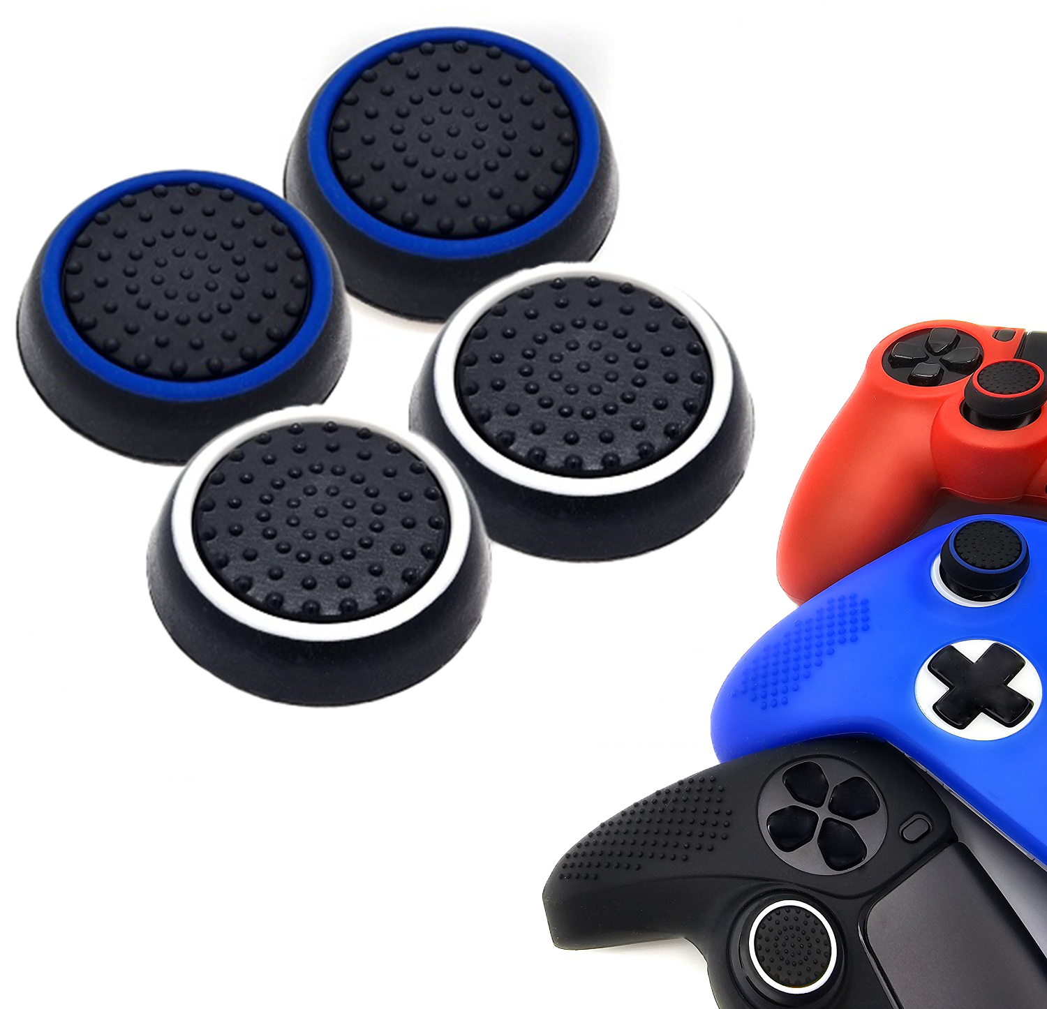 Gaming Thumb Grips | Performance Thumbsticks | Accessoires geschikt voor Playstation (PS4, PS5) & Xbox (360, One, Series X/S) & Nintendo Switch Pro Controller(s) | Thumbgrips | Zwart Blauw en Zwart Wit