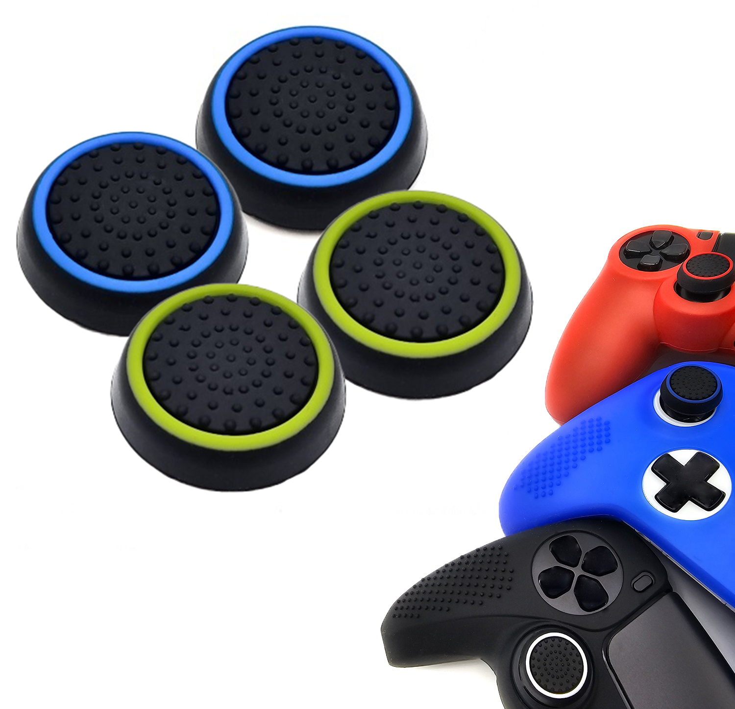 Gaming Thumb Grips | Performance Thumbsticks | Accessoires geschikt voor Playstation (PS4, PS5) & Xbox (360, One, Series X/S) & Nintendo Switch Pro Controller(s) | Thumbgrips | Zwart Lichtblauw en Zwart Lichtgroen