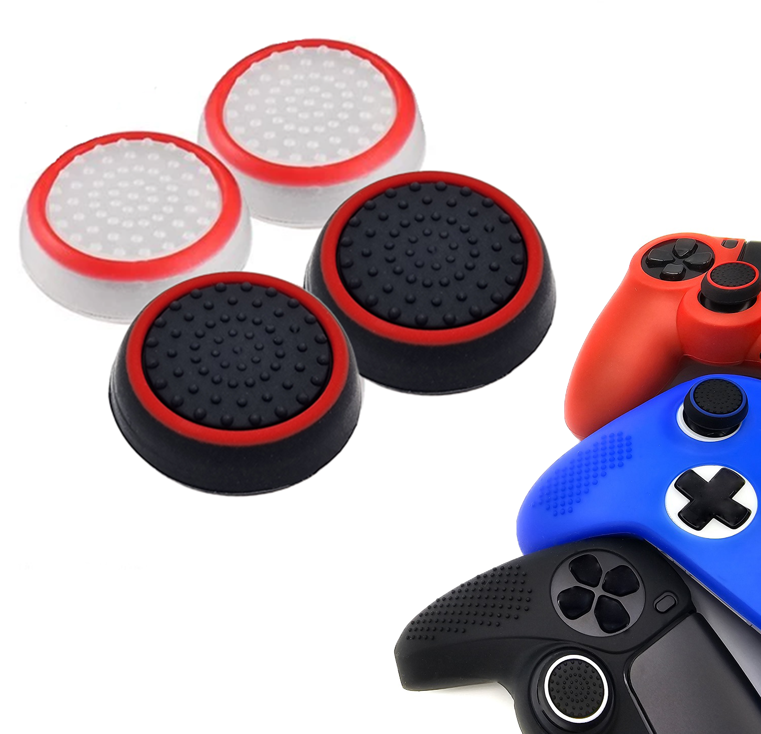 Gaming Thumb Grips | Performance Thumbsticks | Accessoires geschikt voor Playstation (PS4, PS5) & Xbox (360, One, Series X/S) & Nintendo Switch Pro Controller(s) | Thumbgrips | Wit Rood en Zwart Rood