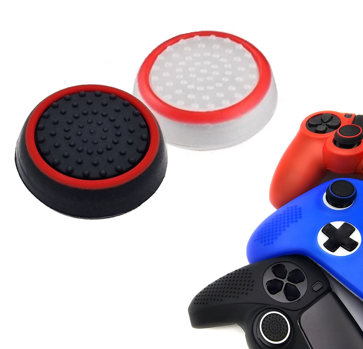 Gaming Thumb Grips | Performance Thumbsticks | Accessoires geschikt voor Playstation (PS4, PS5) & Xbox (360, One, Series X/S) & Nintendo Switch Pro Controller(s) | Thumbgrips | Wit Rood/Zwart Rood