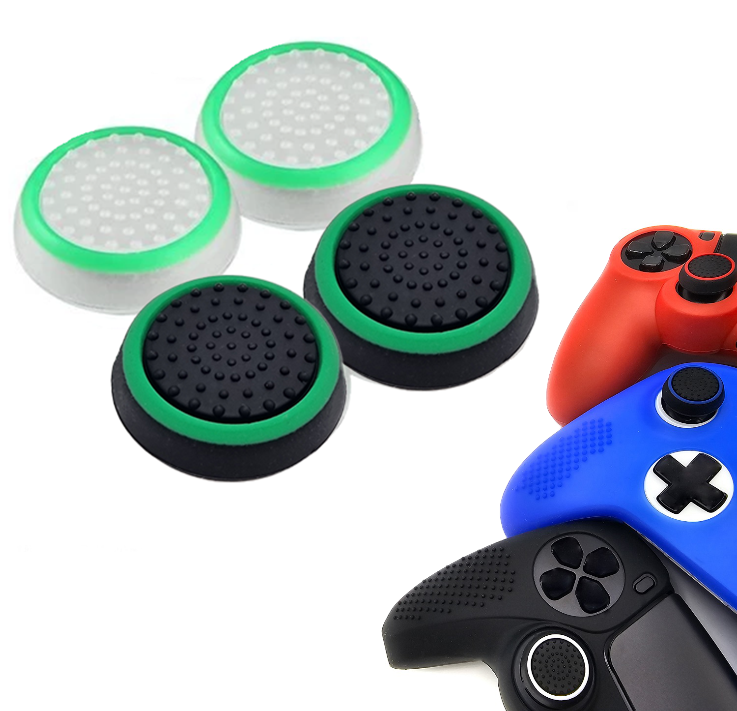 Gaming Thumb Grips | Performance Thumbsticks | Accessoires geschikt voor Playstation (PS4, PS5) & Xbox (360, One, Series X/S) & Nintendo Switch Pro Controller(s) | Thumbgrips | Wit Groen en Zwart Groen