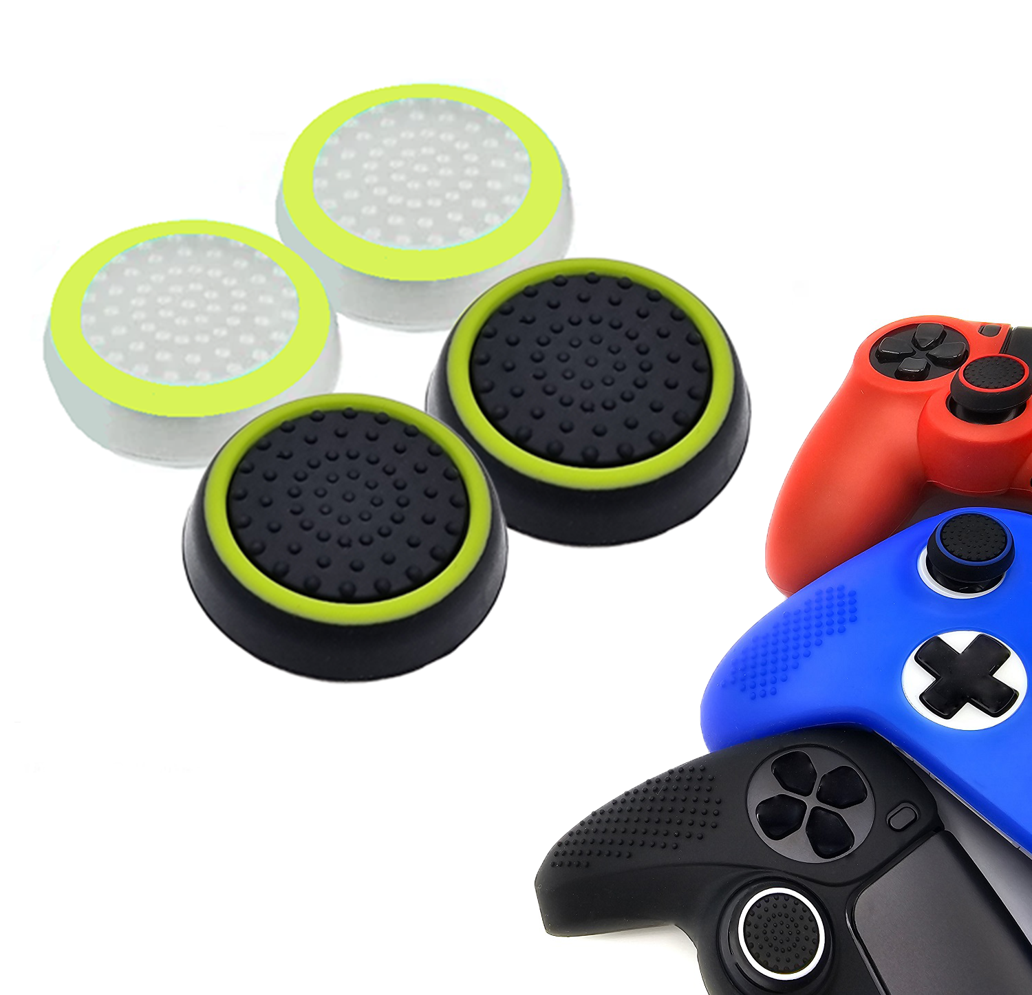 Gaming Thumb Grips | Performance Thumbsticks | Accessoires geschikt voor Playstation (PS4, PS5) & Xbox (360, One, Series X/S) & Nintendo Switch Pro Controller(s) | Thumbgrips | Wit Lichtgroen en Zwart Lichtgroen