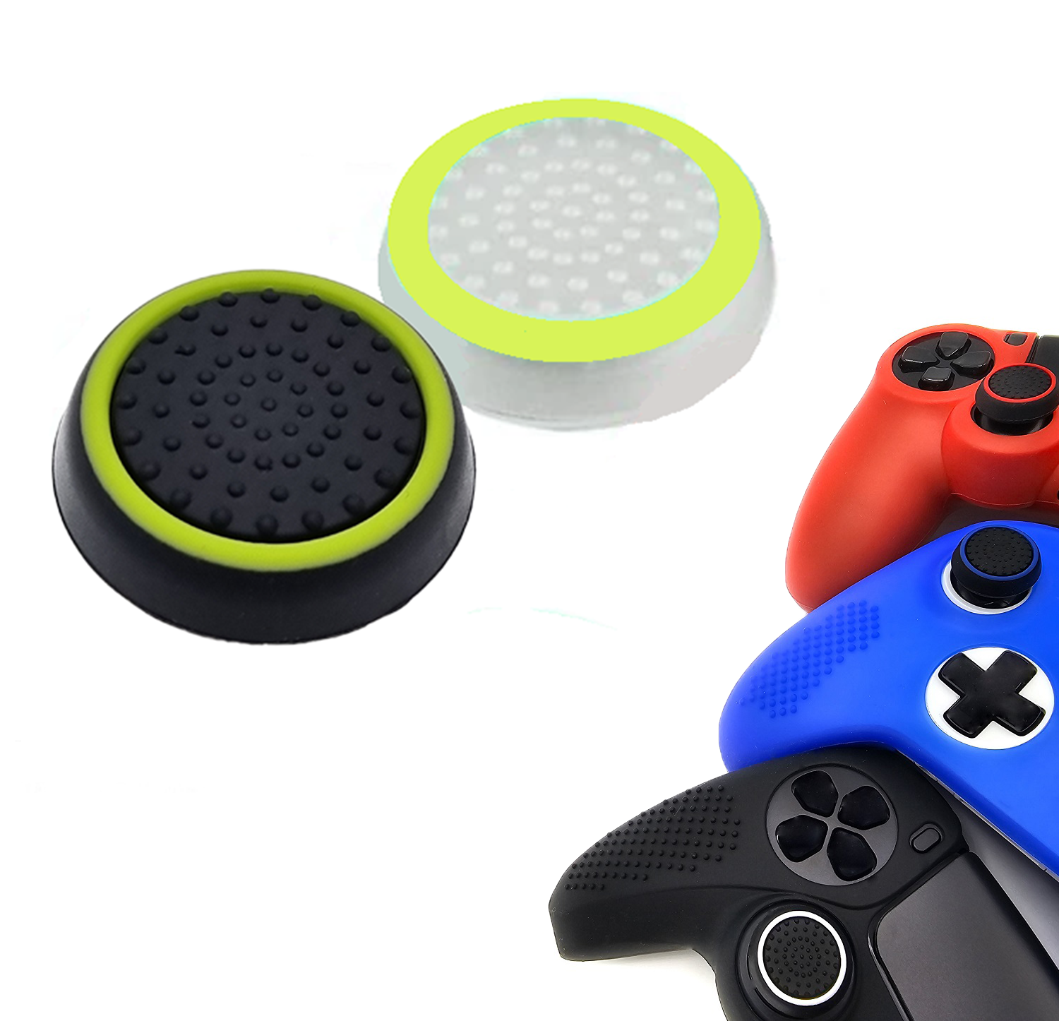 Gaming Thumb Grips | Performance Thumbsticks | Accessoires geschikt voor Playstation (PS4, PS5) & Xbox (360, One, Series X/S) & Nintendo Switch Pro Controller(s) | Thumbgrips | Wit Lichtgroen/Zwart Lichtgroen