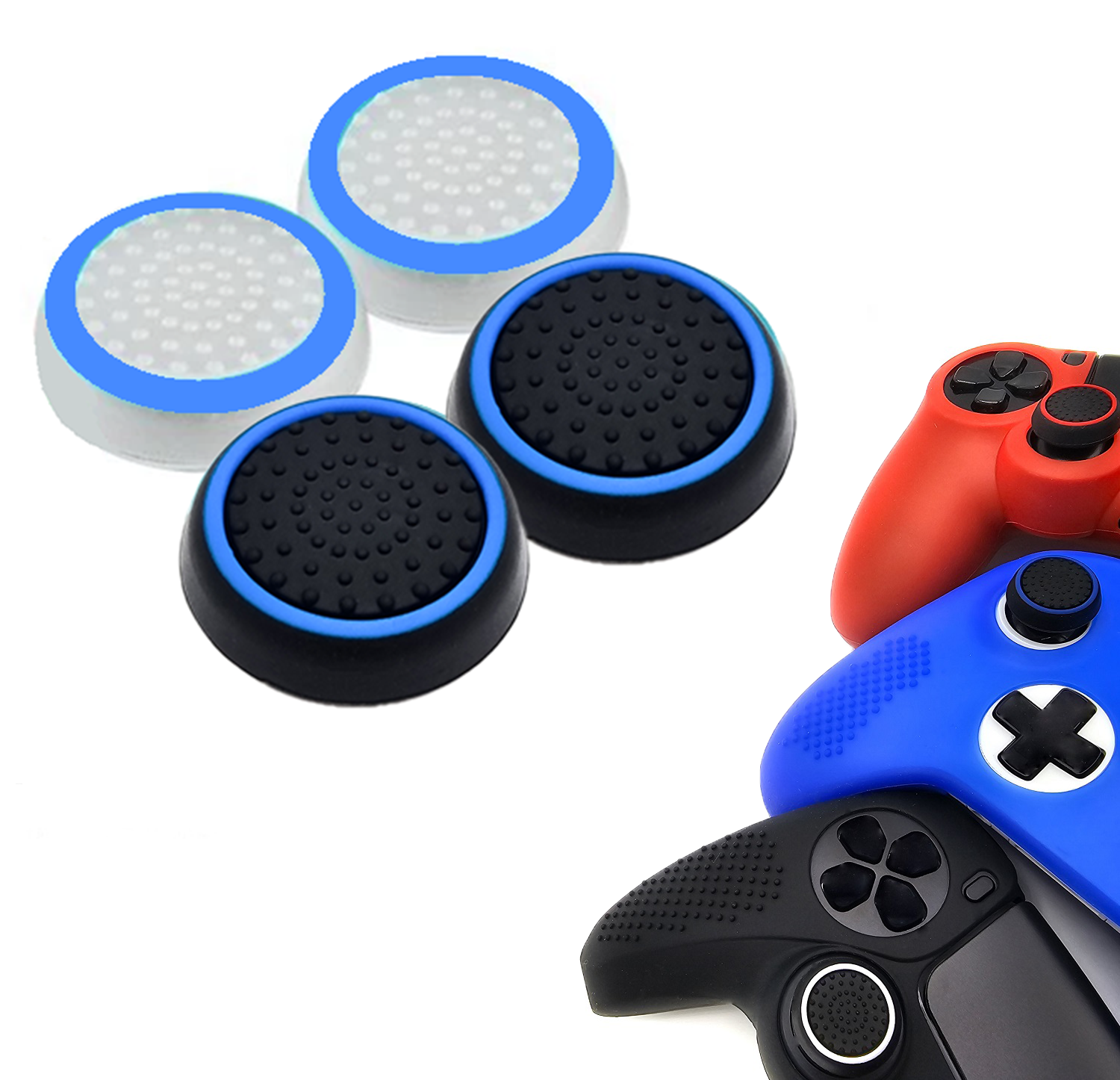 Gaming Thumb Grips | Performance Thumbsticks | Accessoires geschikt voor Playstation (PS4, PS5) & Xbox (360, One, Series X/S) & Nintendo Switch Pro Controller(s) | Thumbgrips | Wit Lichtblauw en Zwart Lichtblauw