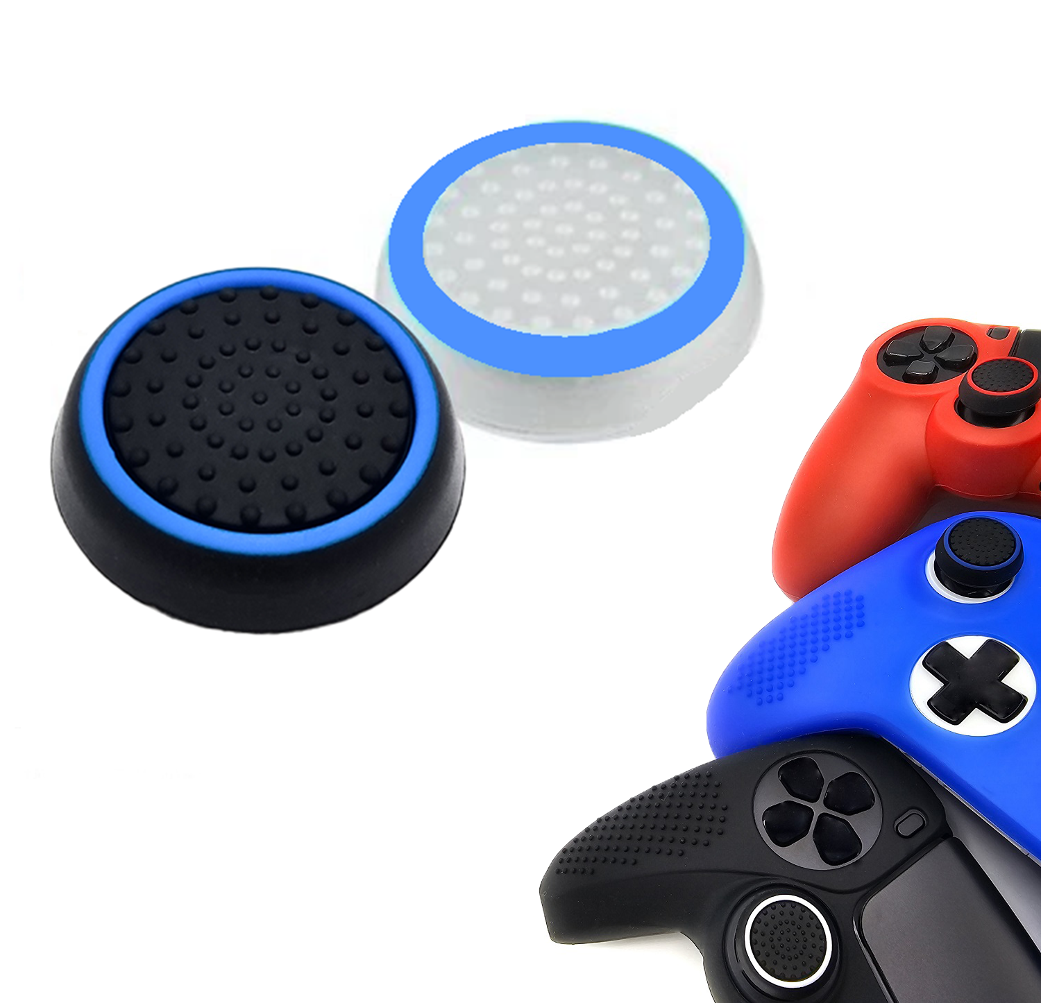 Gaming Thumb Grips | Performance Thumbsticks | Accessoires geschikt voor Playstation (PS4, PS5) & Xbox (360, One, Series X/S) & Nintendo Switch Pro Controller(s) | Thumbgrips | Wit Lichtblauw/Zwart Lichtblauw