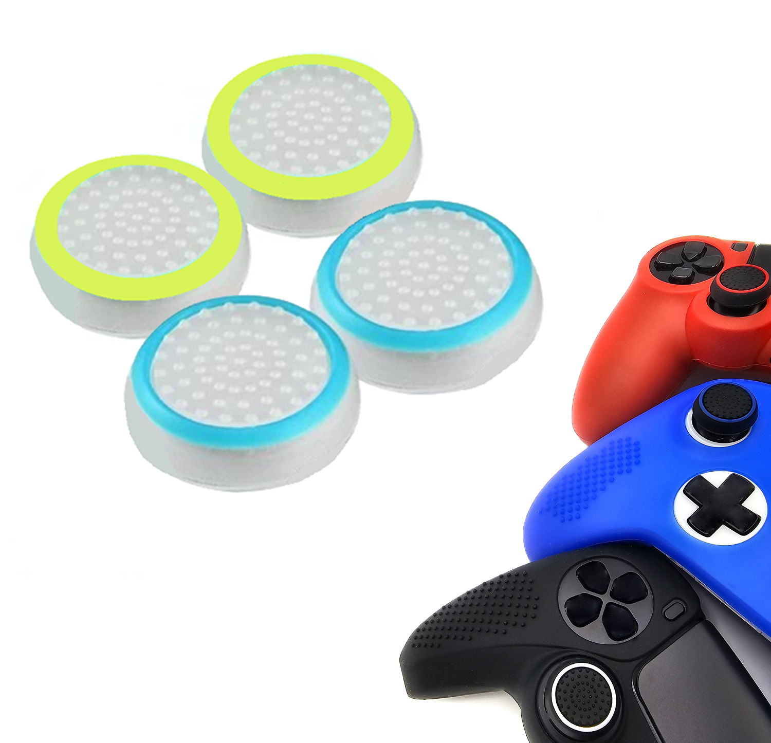 Gaming Thumb Grips | Performance Thumbsticks | Accessoires geschikt voor Playstation (PS4, PS5) & Xbox (360, One, Series X/S) & Nintendo Switch Pro Controller(s) | Thumbgrips | Wit Lichtblauw en Wit Lichtgroen