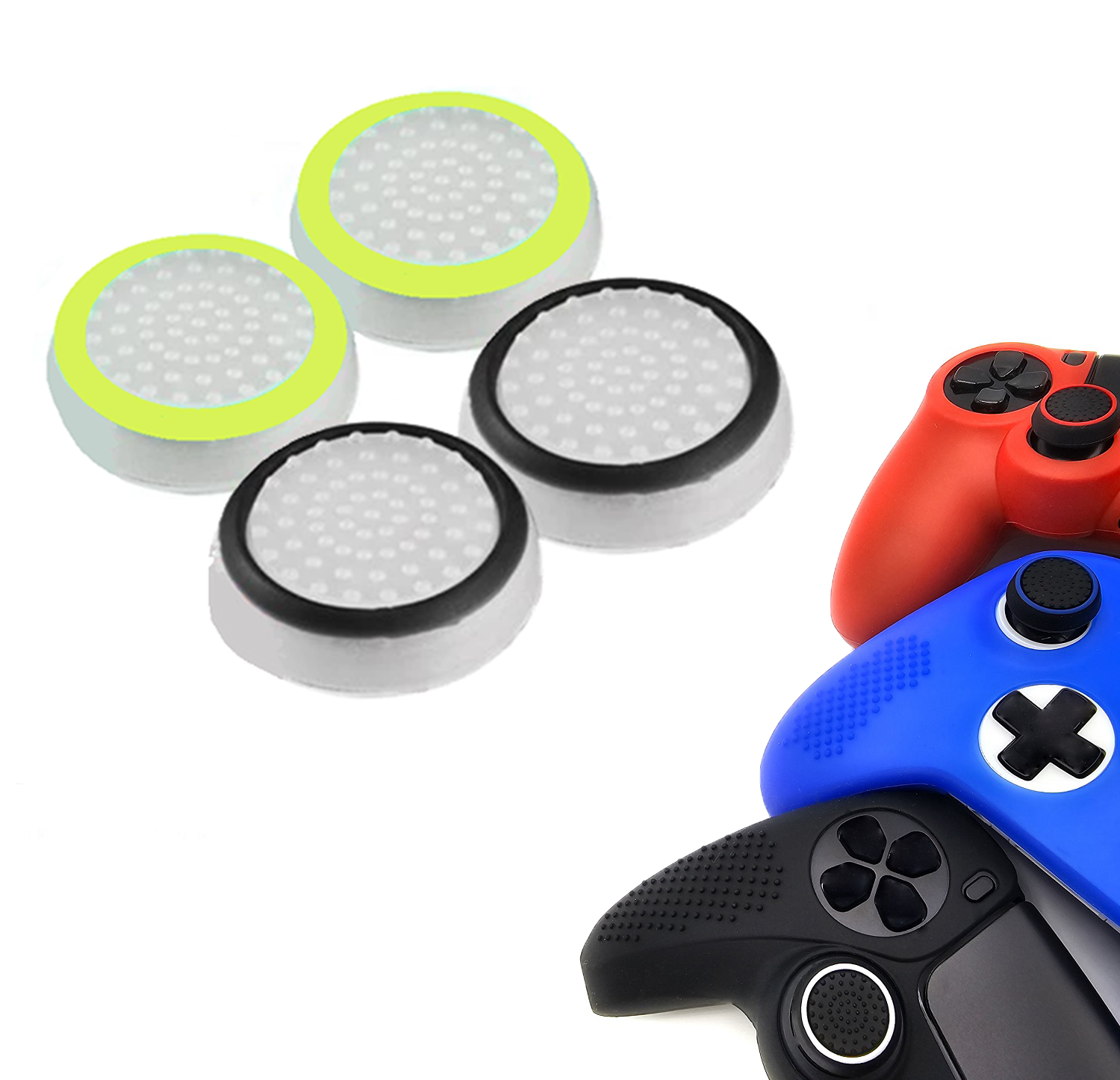 Gaming Thumb Grips | Performance Thumbsticks | Accessoires geschikt voor Playstation (PS4, PS5) & Xbox (360, One, Series X/S) & Nintendo Switch Pro Controller(s) | Thumbgrips | Wit Zwart en Wit Lichtgroen