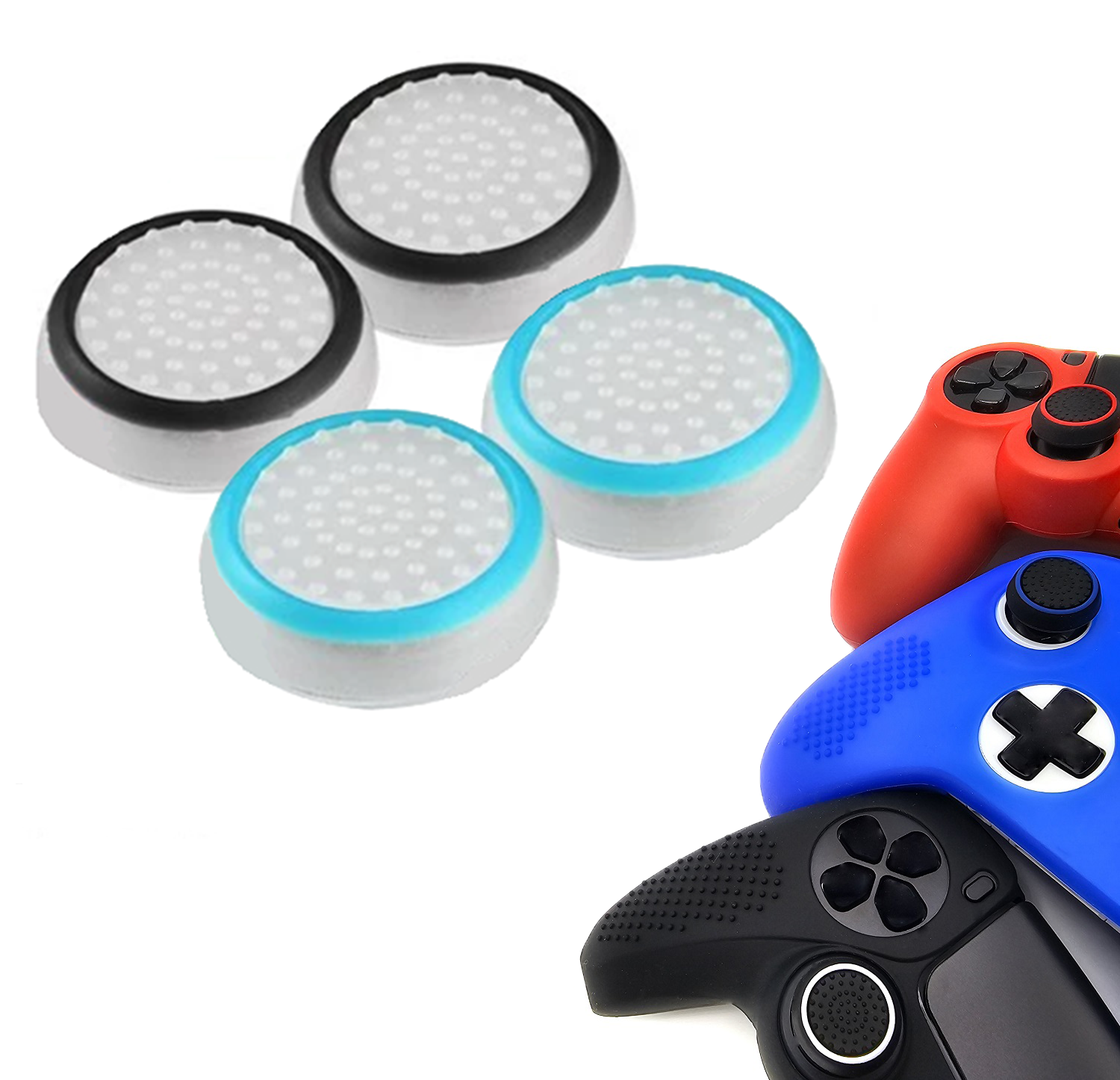 Gaming Thumb Grips | Performance Thumbsticks | Accessoires geschikt voor Playstation (PS4, PS5) & Xbox (360, One, Series X/S) & Nintendo Switch Pro Controller(s) | Thumbgrips | Wit Zwart en Wit Lichtblauw