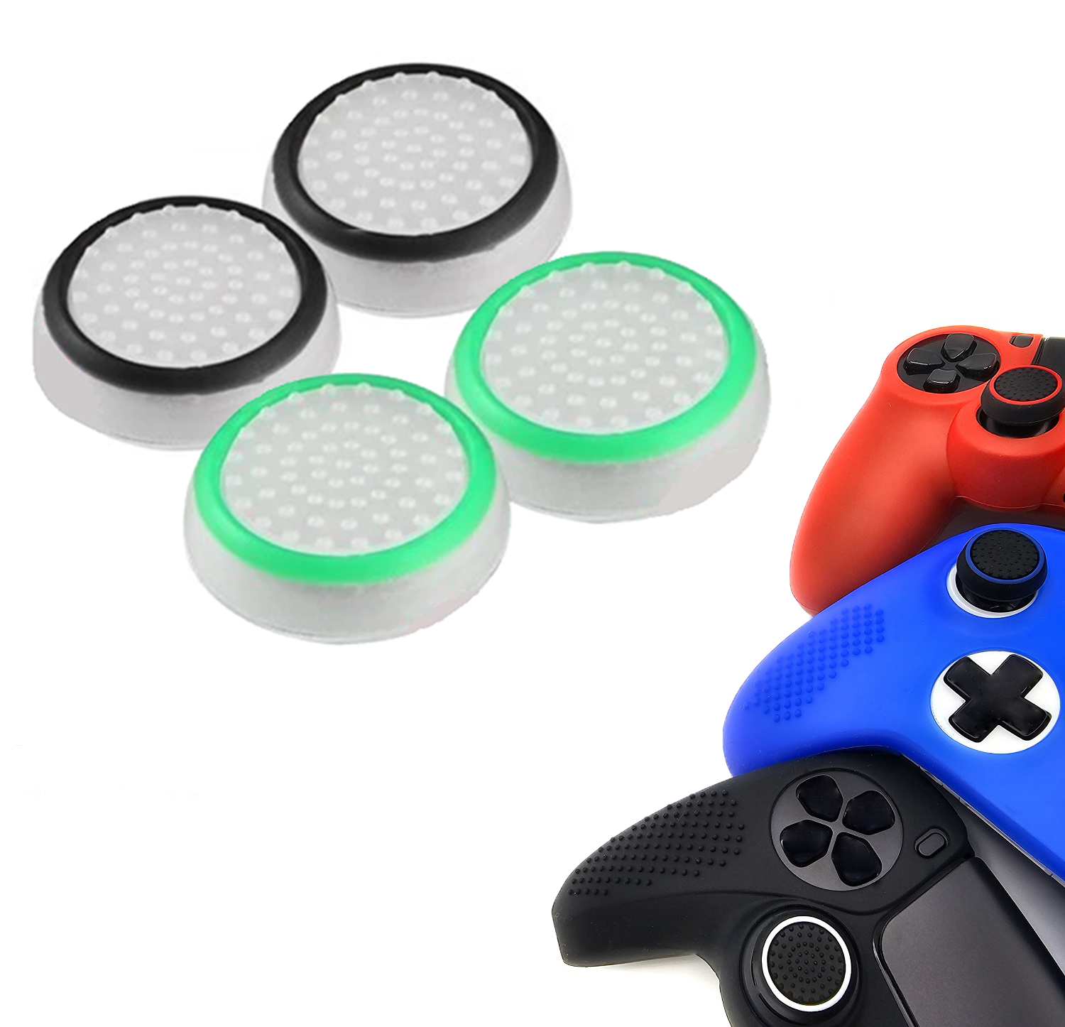 Gaming Thumb Grips | Performance Anti-slip Thumbsticks | Joystick Cap Thumb Grips | White Black and White Green | Accessories suitable for Playstation PS4 PS5 &amp; Xbox &amp; Nintendo Pro Controller