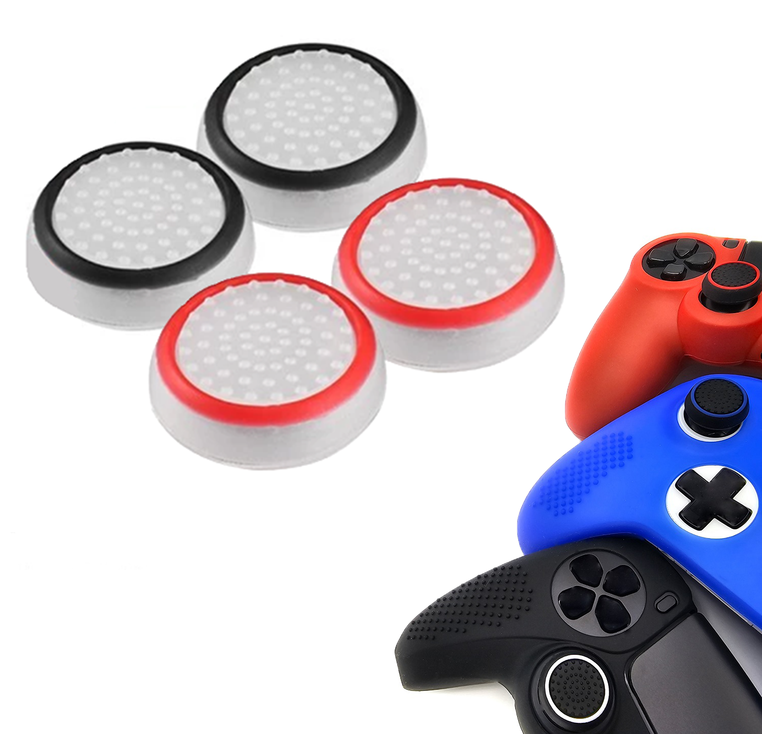 Gaming Thumb Grips | Performance Thumbsticks | Accessoires geschikt voor Playstation (PS4, PS5) & Xbox (360, One, Series X/S) & Nintendo Switch Pro Controller(s) | Thumbgrips | Wit Zwart en Wit Rood