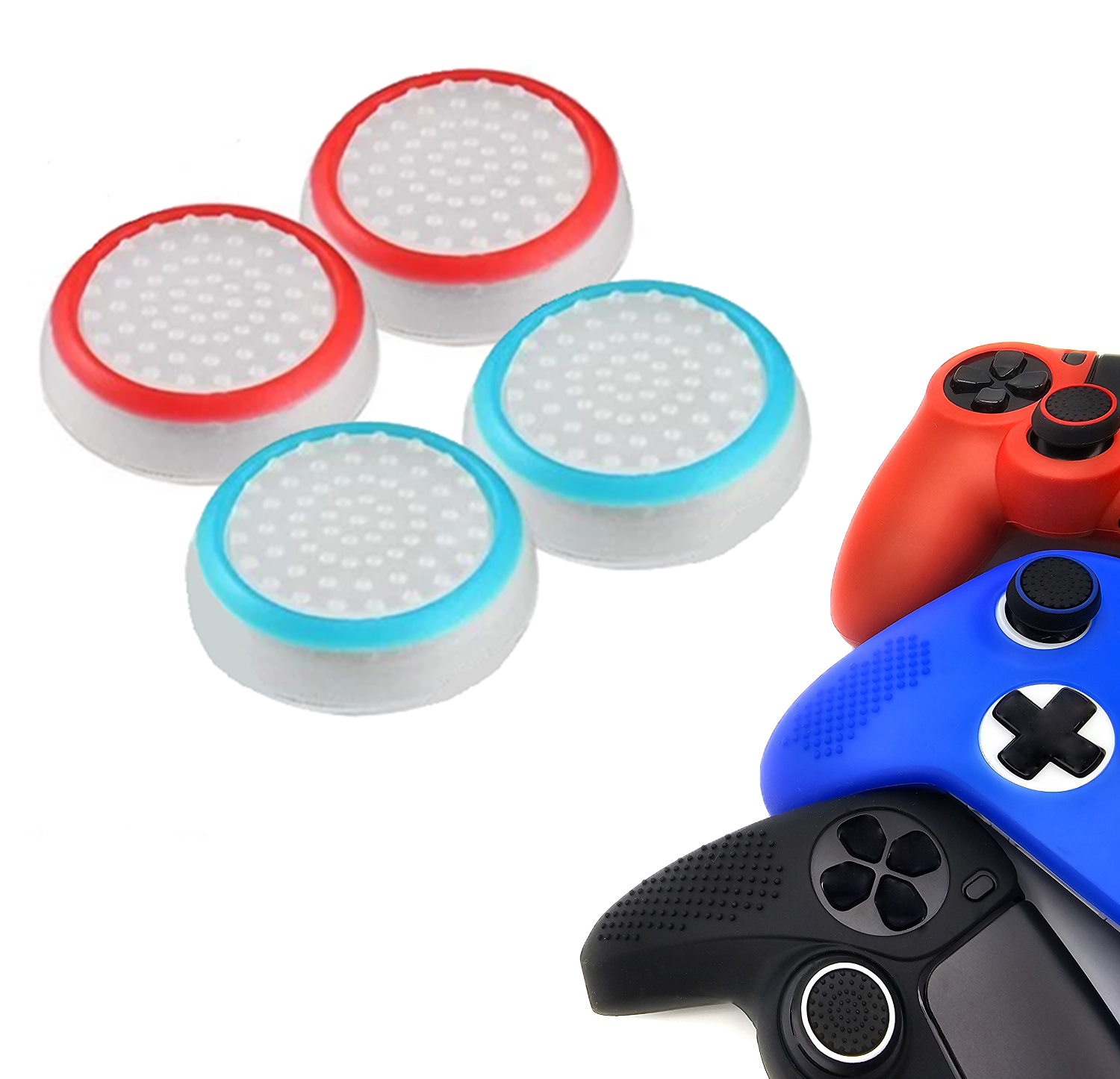 Gaming Thumb Grips | Performance Anti-slip Thumbsticks | Joystick Cap Thumb Grips | White Light Blue and White Red | Accessories suitable for Playstation PS4 PS5 &amp; Xbox &amp; Nintendo Pro Controller