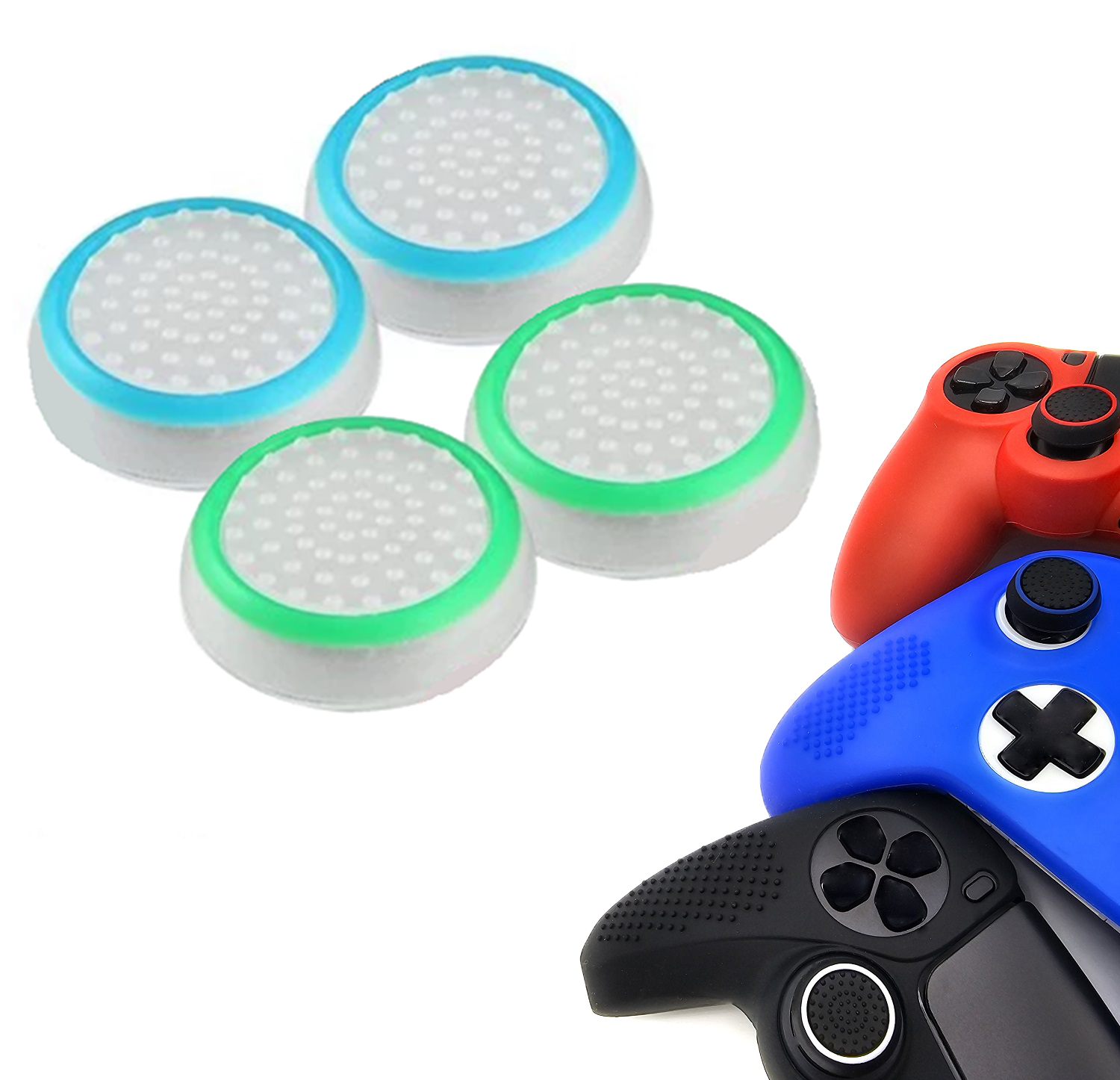 Gaming Thumb Grips | Performance Anti-slip Thumbsticks | Joystick Cap Thumb Grips | White Light Blue and White Green | Accessories suitable for Playstation PS4 PS5 &amp; Xbox &amp; Nintendo Pro Controller