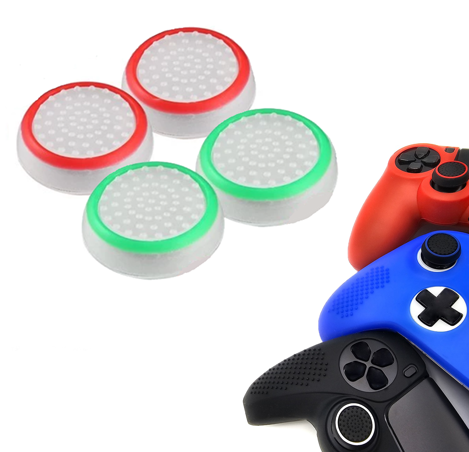 Gaming Thumb Grips | Performance Thumbsticks | Accessoires geschikt voor Playstation (PS4, PS5) & Xbox (360, One, Series X/S) & Nintendo Switch Pro Controller(s) | Thumbgrips | Wit Groen en Wit Rood