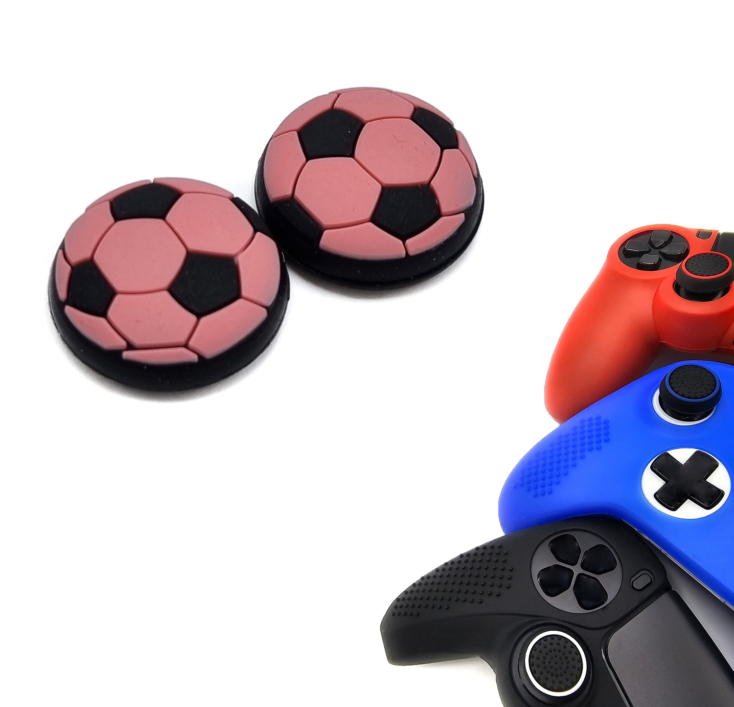 Gaming Thumb Grips | Performance Thumbsticks | Accessoires geschikt voor Playstation (PS4, PS5) & Xbox (360, One, Series X/S) & Nintendo Switch Pro Controller(s) | Thumbgrips | Voetbal - Zwart met Roze