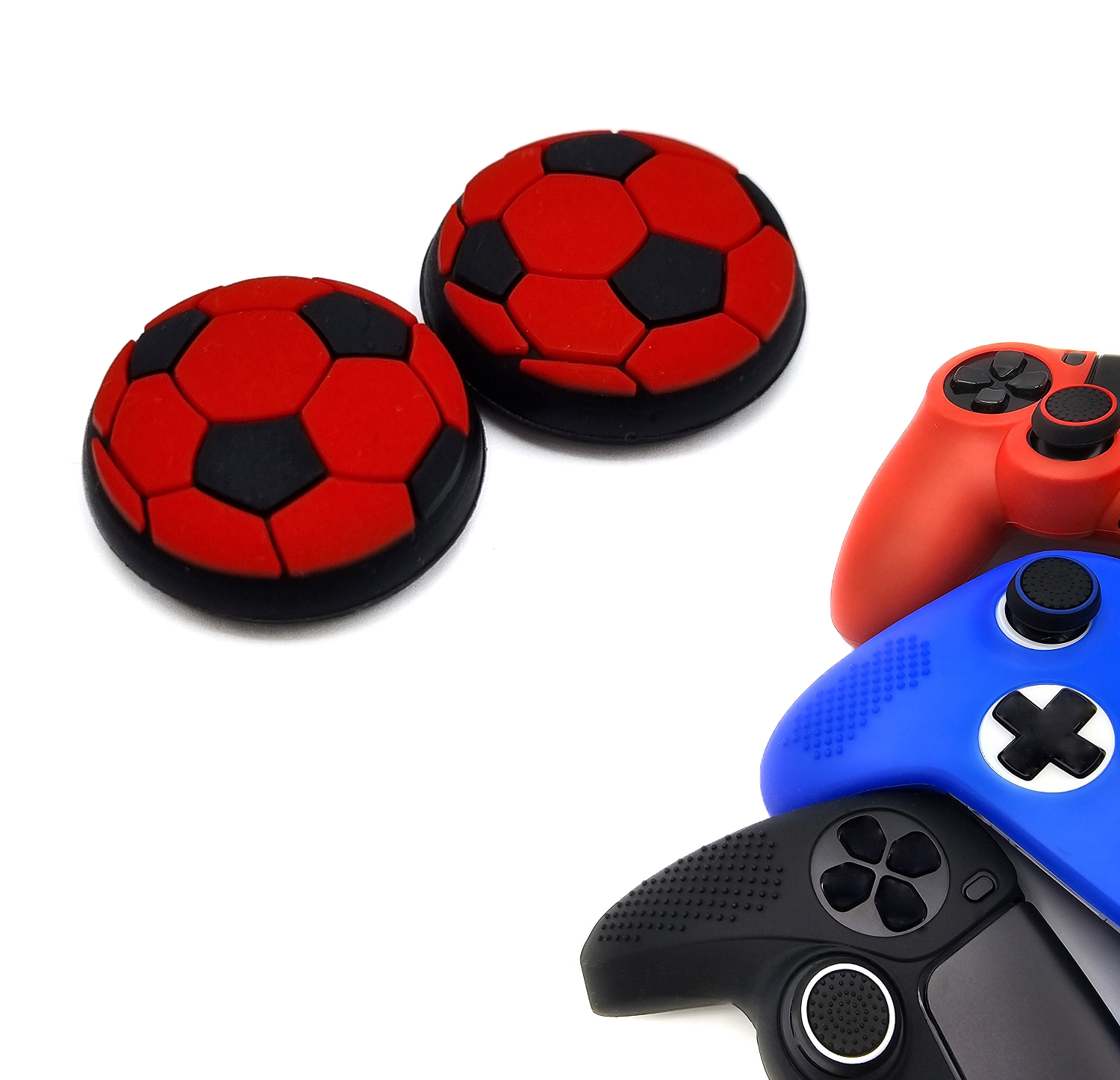 Gaming Thumb Grips | Performance Thumbsticks | Accessoires geschikt voor Playstation (PS4, PS5) & Xbox (360, One, Series X/S) & Nintendo Switch Pro Controller(s) | Thumbgrips | Voetbal - Rood met Zwart