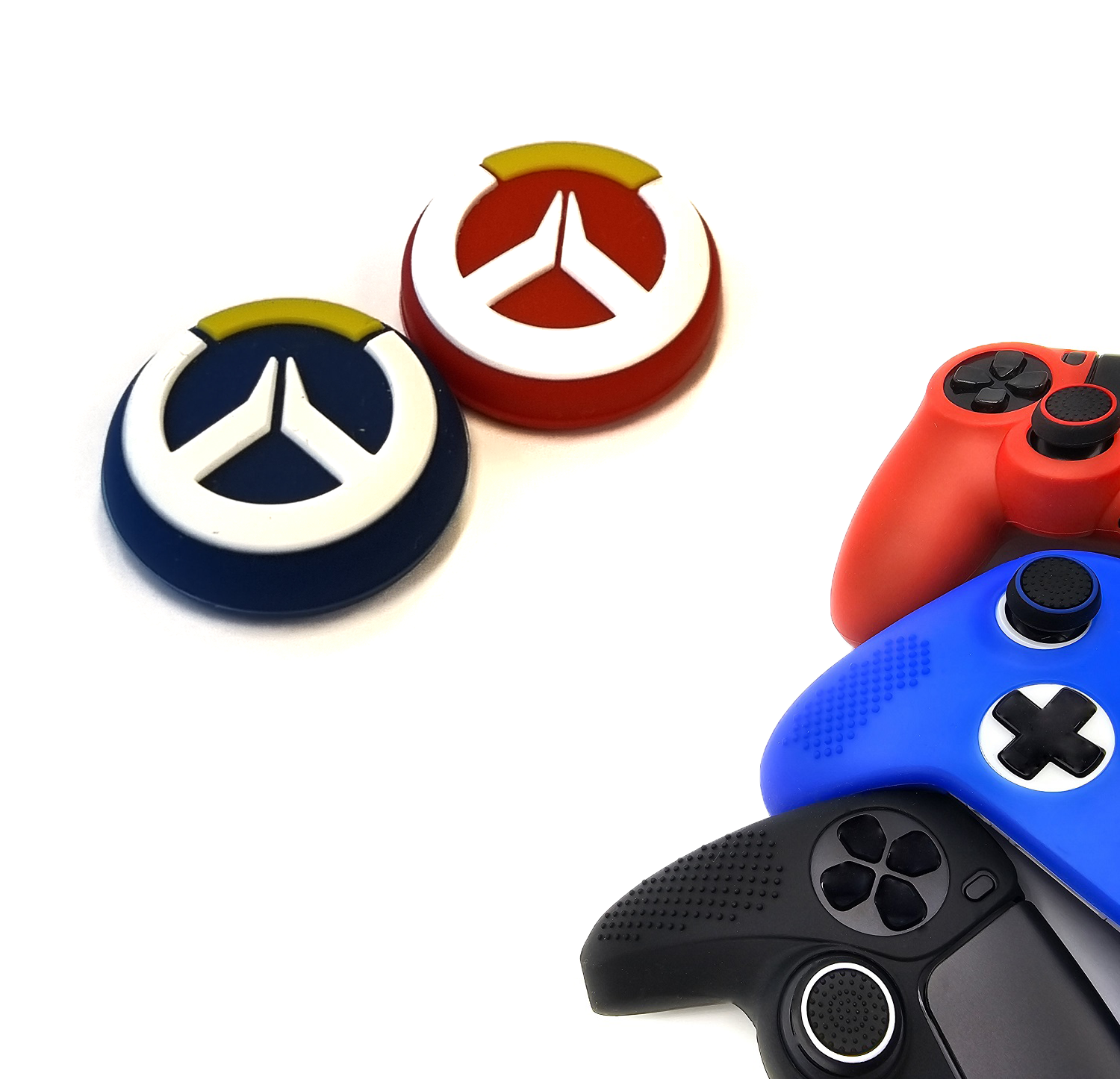 Gaming Thumb Grips | Performance Thumbsticks | Accessoires geschikt voor Playstation (PS4, PS5) & Xbox (360, One, Series X/S) & Nintendo Switch Pro Controller(s) | Thumbgrips | Blauw/Rood met Wit/Geel