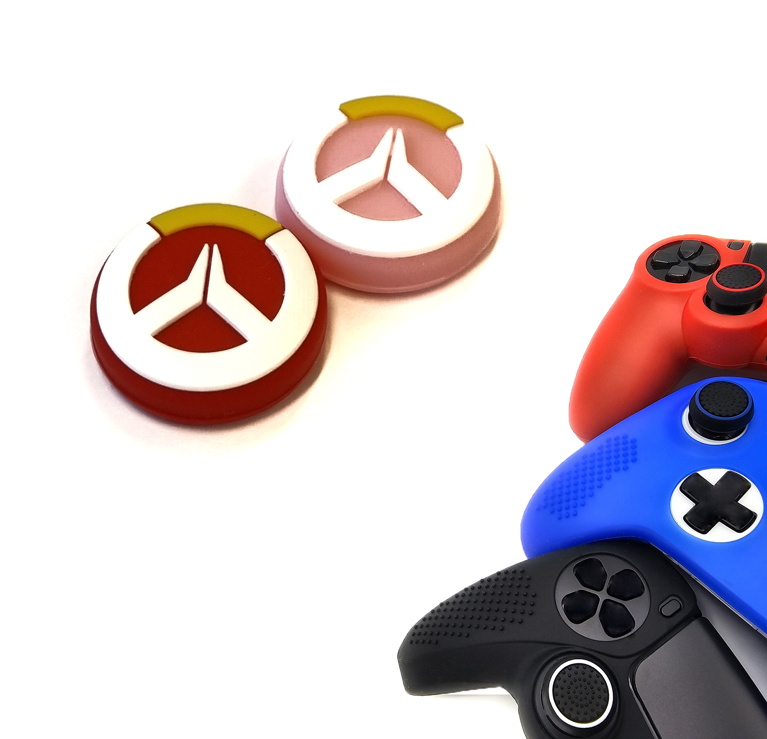 Gaming Thumb Grips | Performance Anti-slip Thumbsticks | Joystick Cap Thumb Grips | Pink/Red with White/Yellow | Accessories suitable for Playstation PS4 PS5 &amp; Xbox &amp; Nintendo Pro Controller